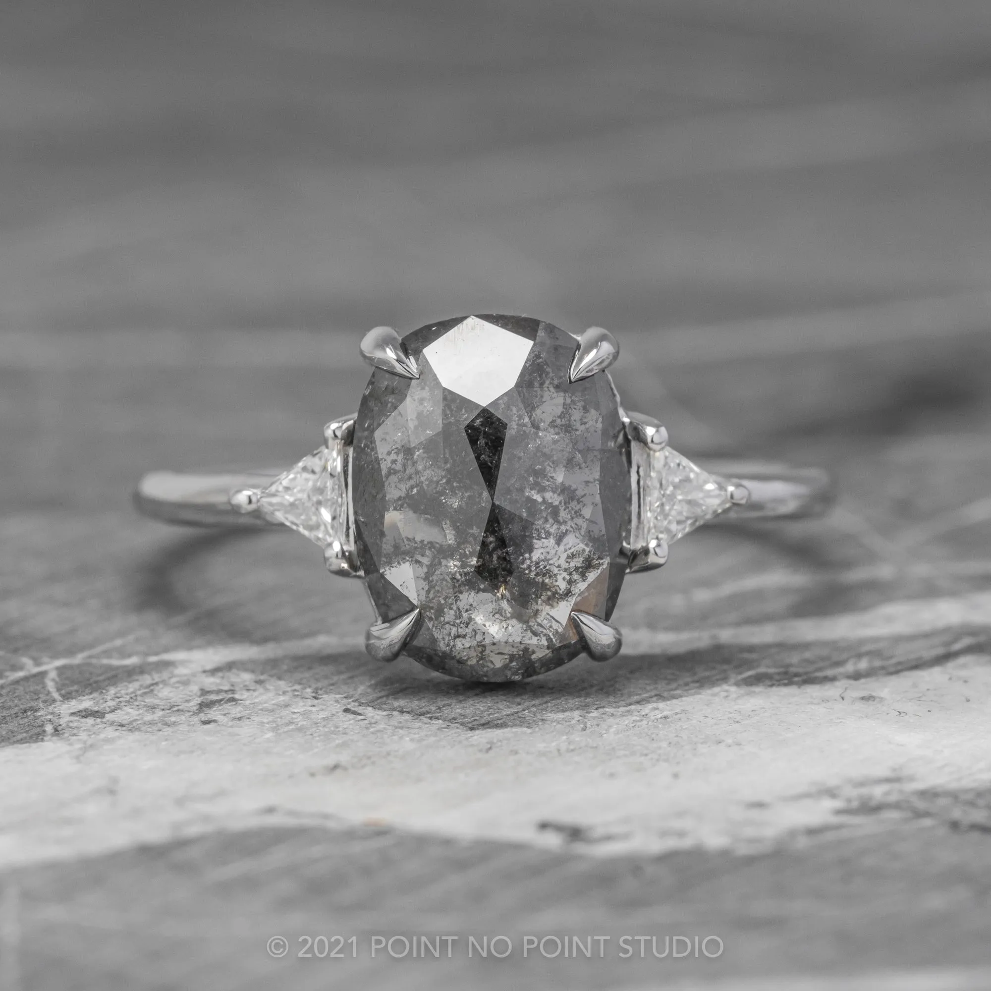 2.80 Carat Black Speckled Oval Diamond Engagement Ring, Zoe Setting, Platinum