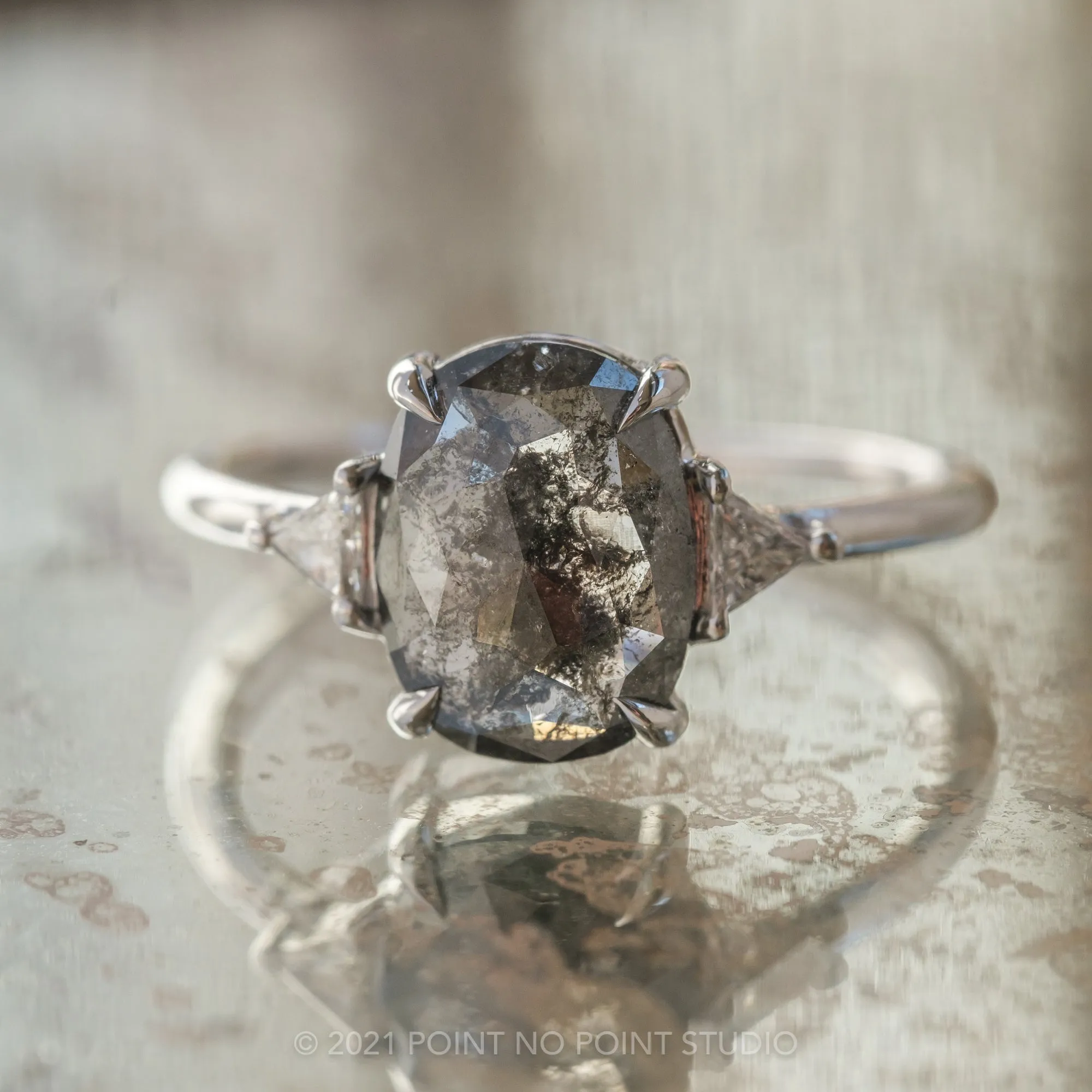 2.80 Carat Black Speckled Oval Diamond Engagement Ring, Zoe Setting, Platinum