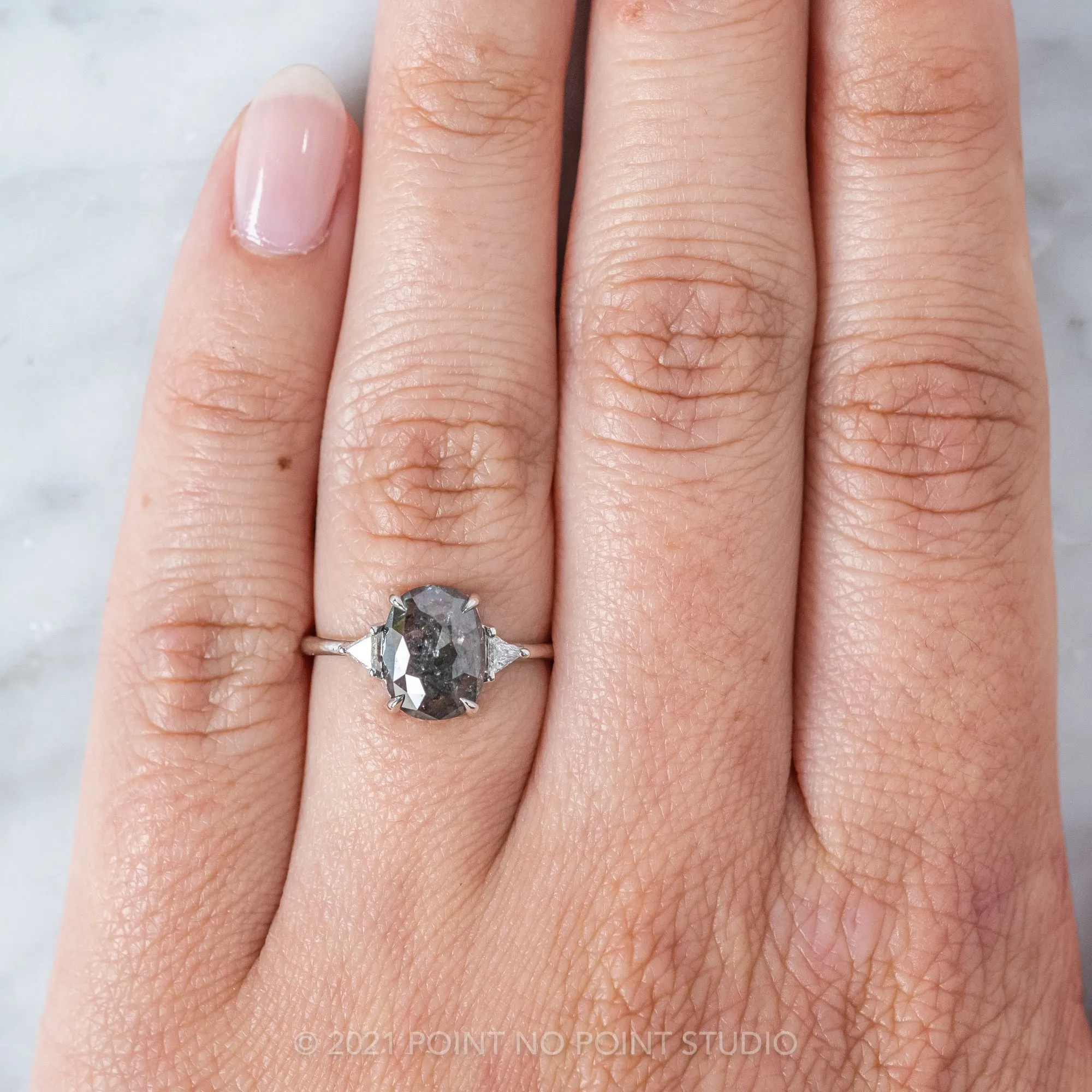 2.80 Carat Black Speckled Oval Diamond Engagement Ring, Zoe Setting, Platinum