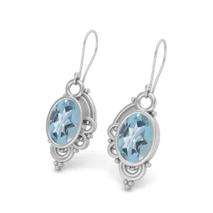 7X5MM Oval Aquamarine 925 Sterling Silver Filigree Dangle Wire Earrings