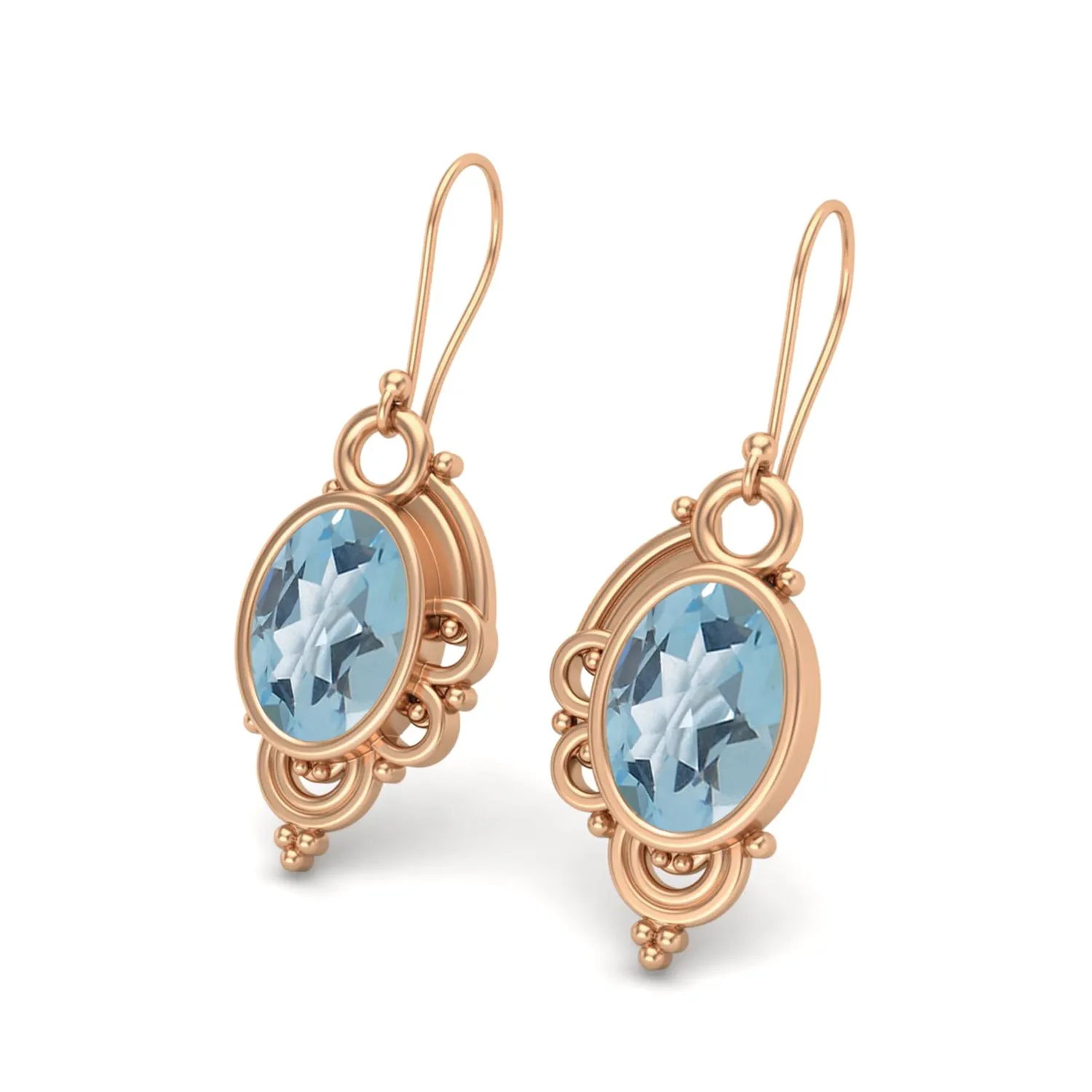 7X5MM Oval Aquamarine 925 Sterling Silver Filigree Dangle Wire Earrings