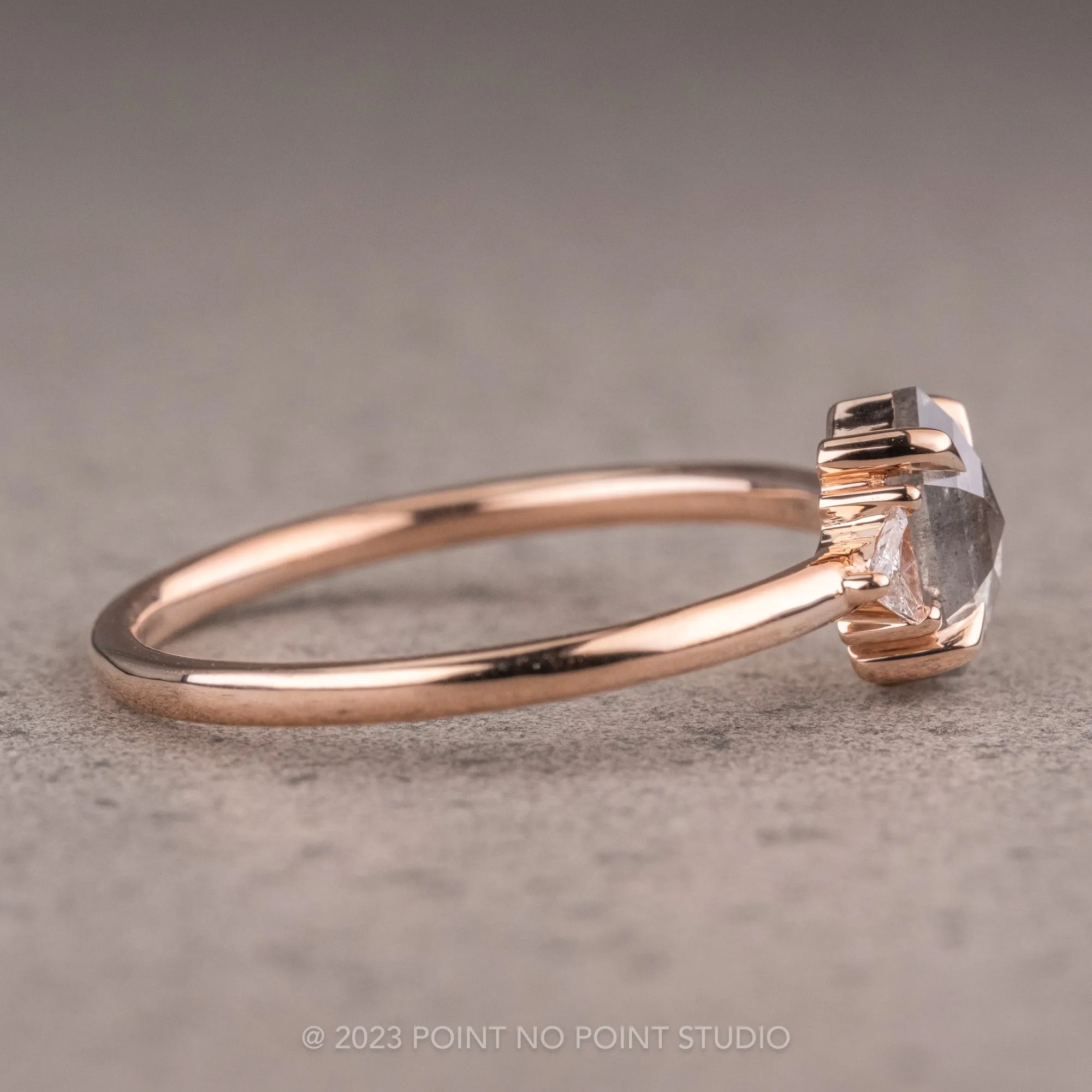 .83 Carat Salt and Pepper Hexagon Diamond Engagement Ring, Zoe Setting, 14K Rose Gold