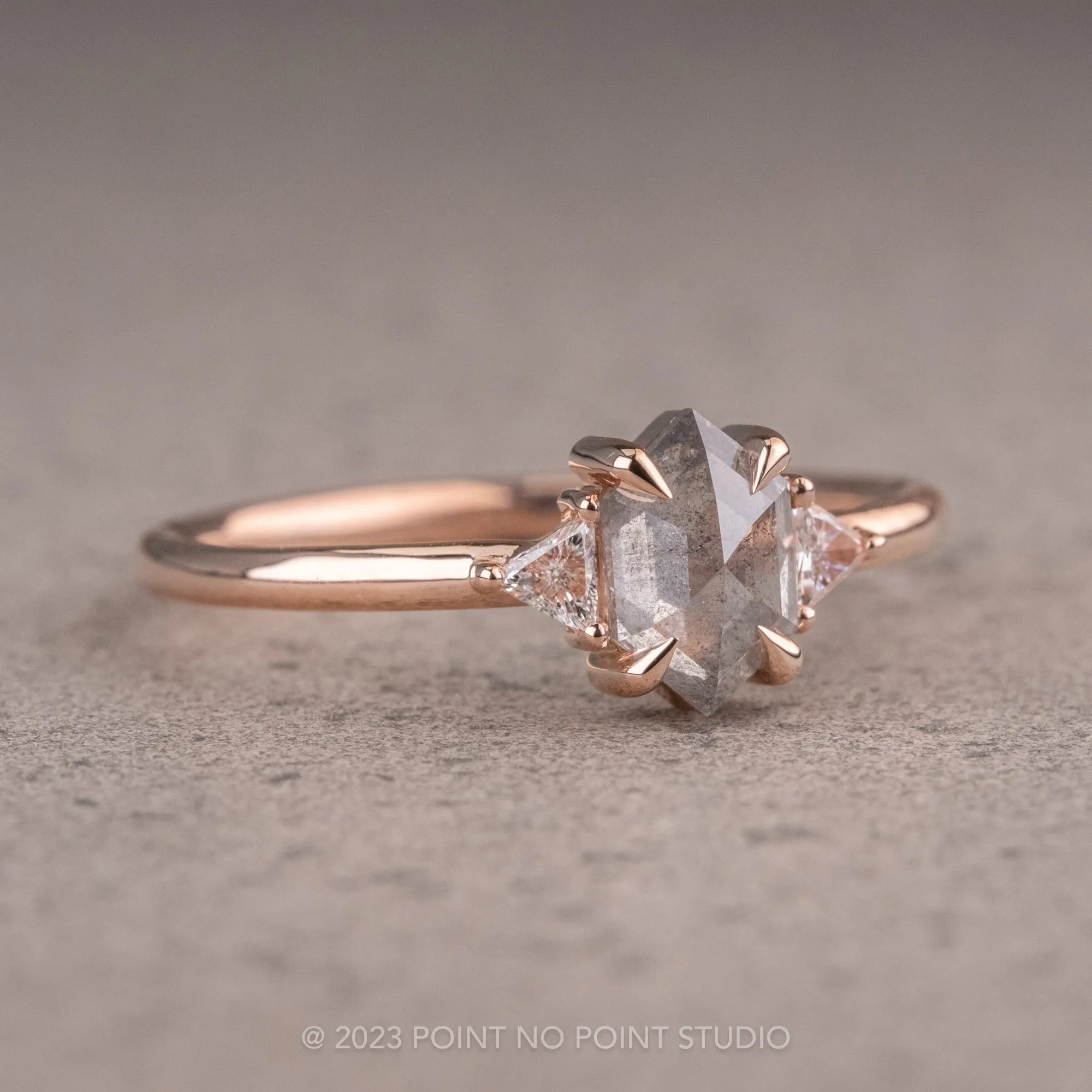 .83 Carat Salt and Pepper Hexagon Diamond Engagement Ring, Zoe Setting, 14K Rose Gold