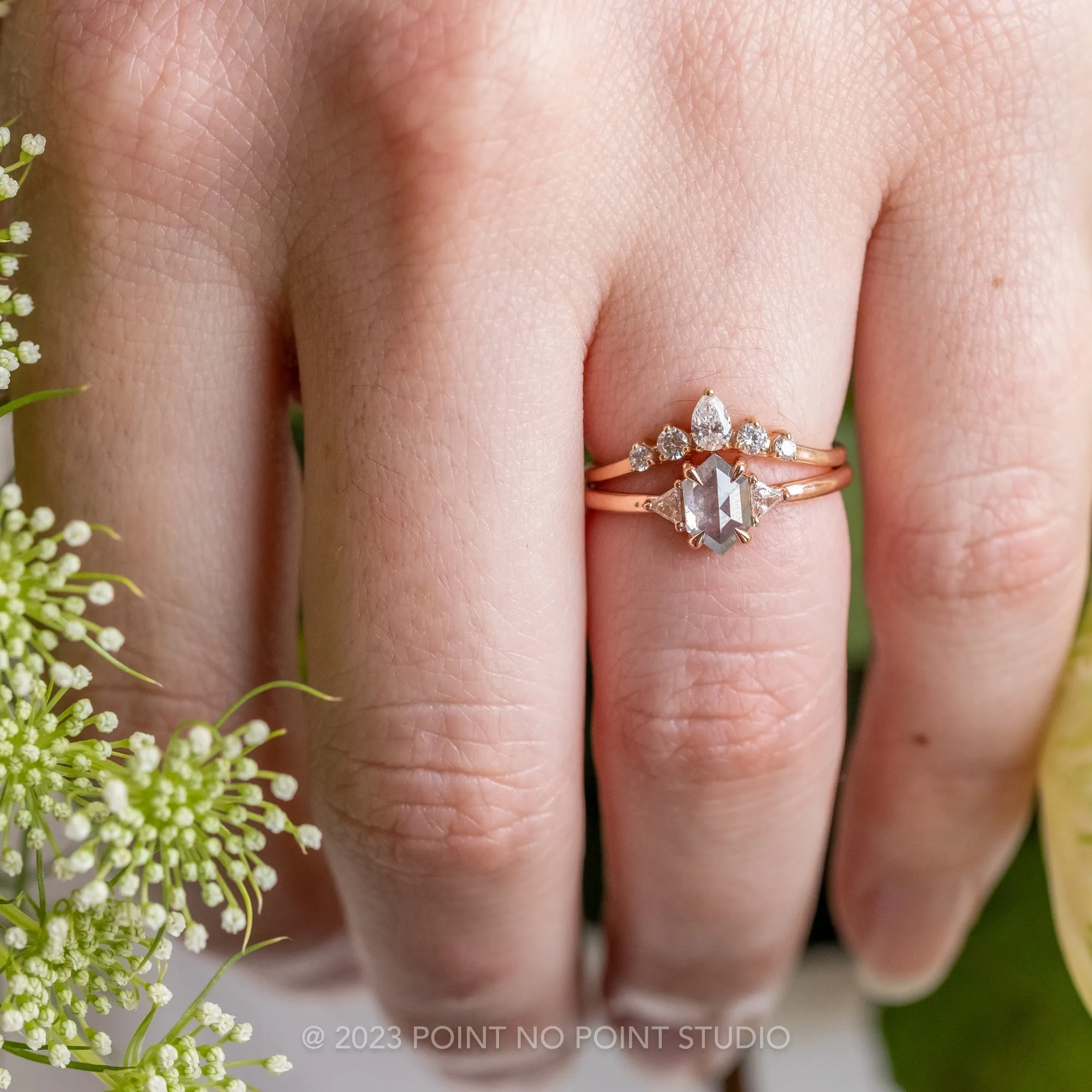 .83 Carat Salt and Pepper Hexagon Diamond Engagement Ring, Zoe Setting, 14K Rose Gold