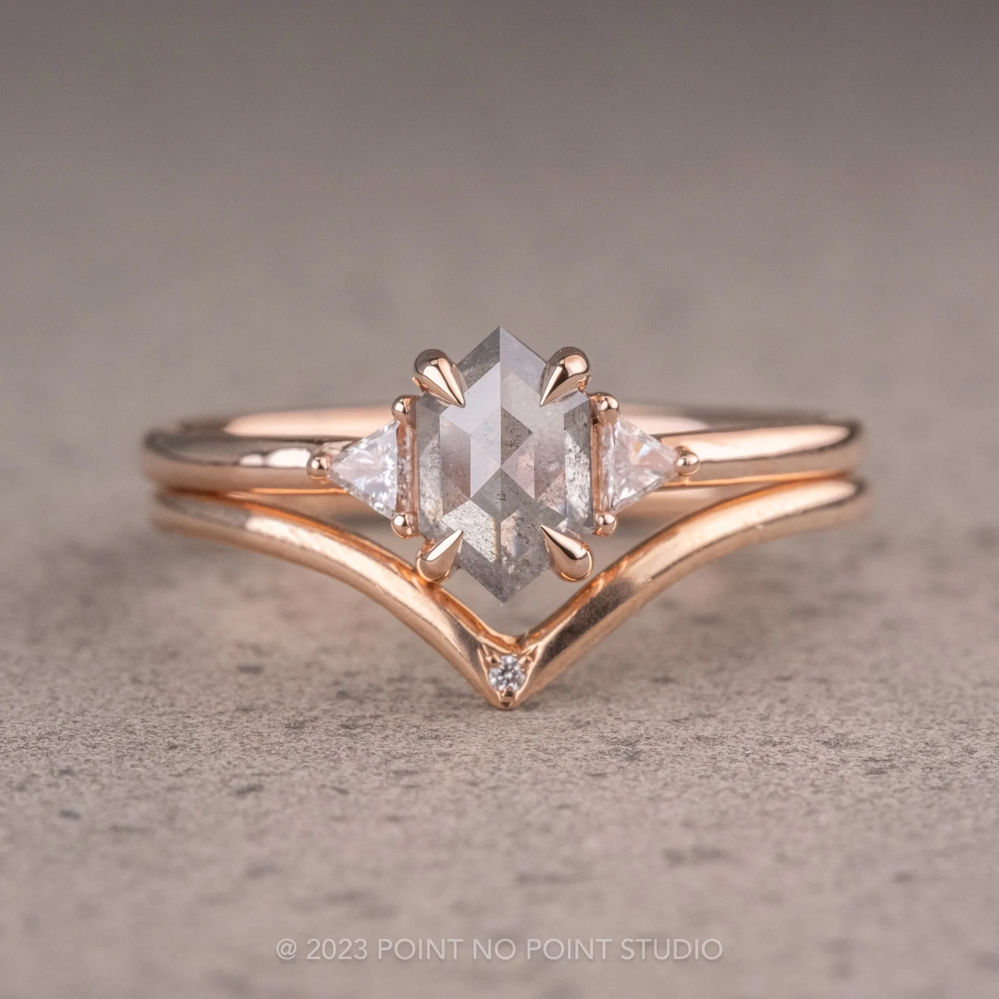 .83 Carat Salt and Pepper Hexagon Diamond Engagement Ring, Zoe Setting, 14K Rose Gold