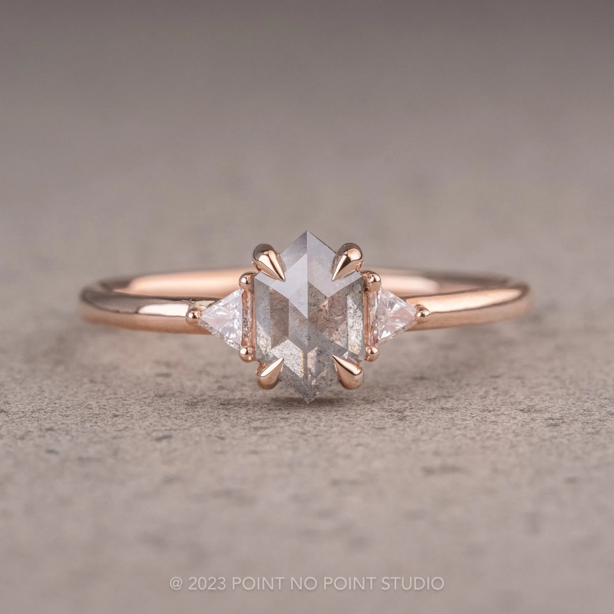 .83 Carat Salt and Pepper Hexagon Diamond Engagement Ring, Zoe Setting, 14K Rose Gold