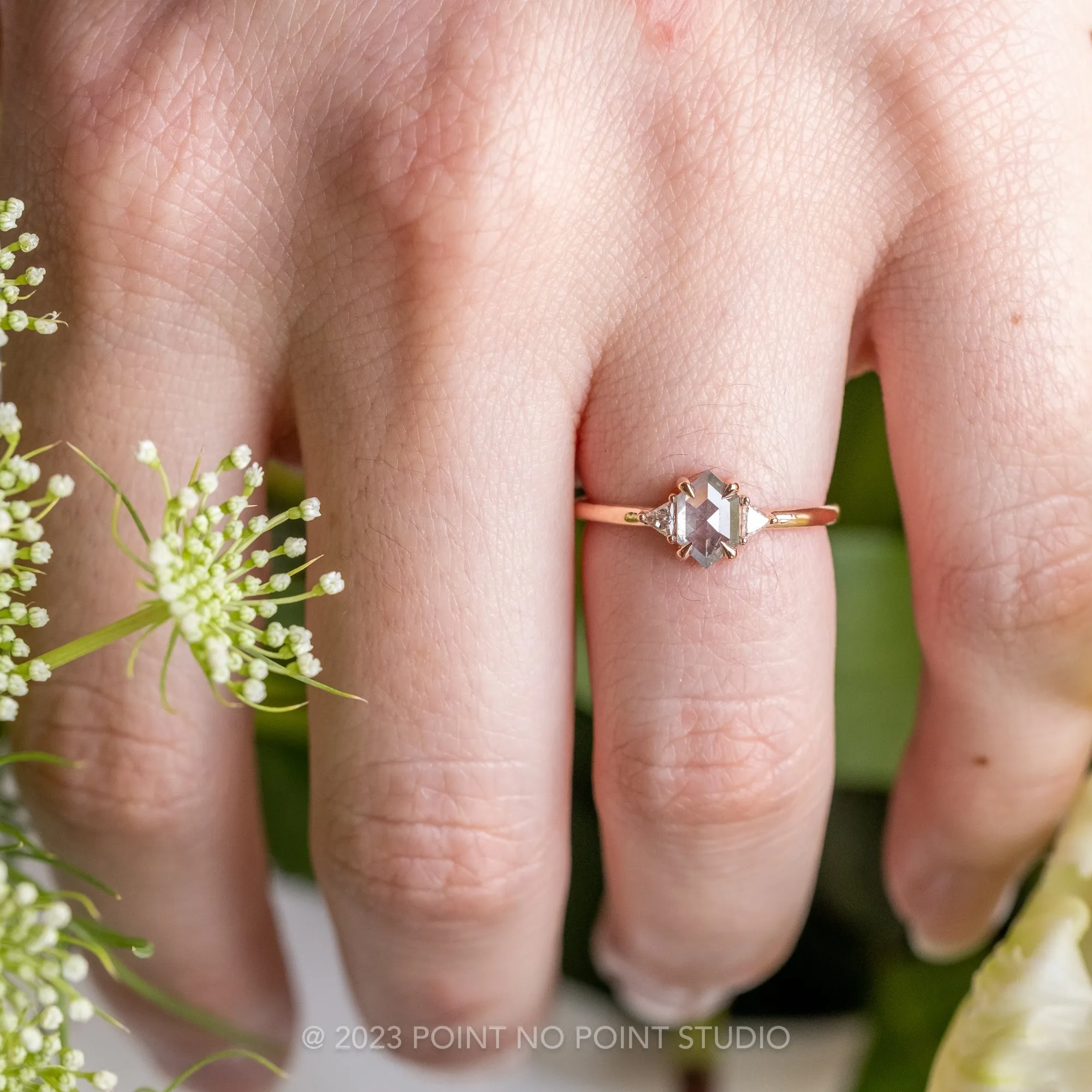 .83 Carat Salt and Pepper Hexagon Diamond Engagement Ring, Zoe Setting, 14K Rose Gold