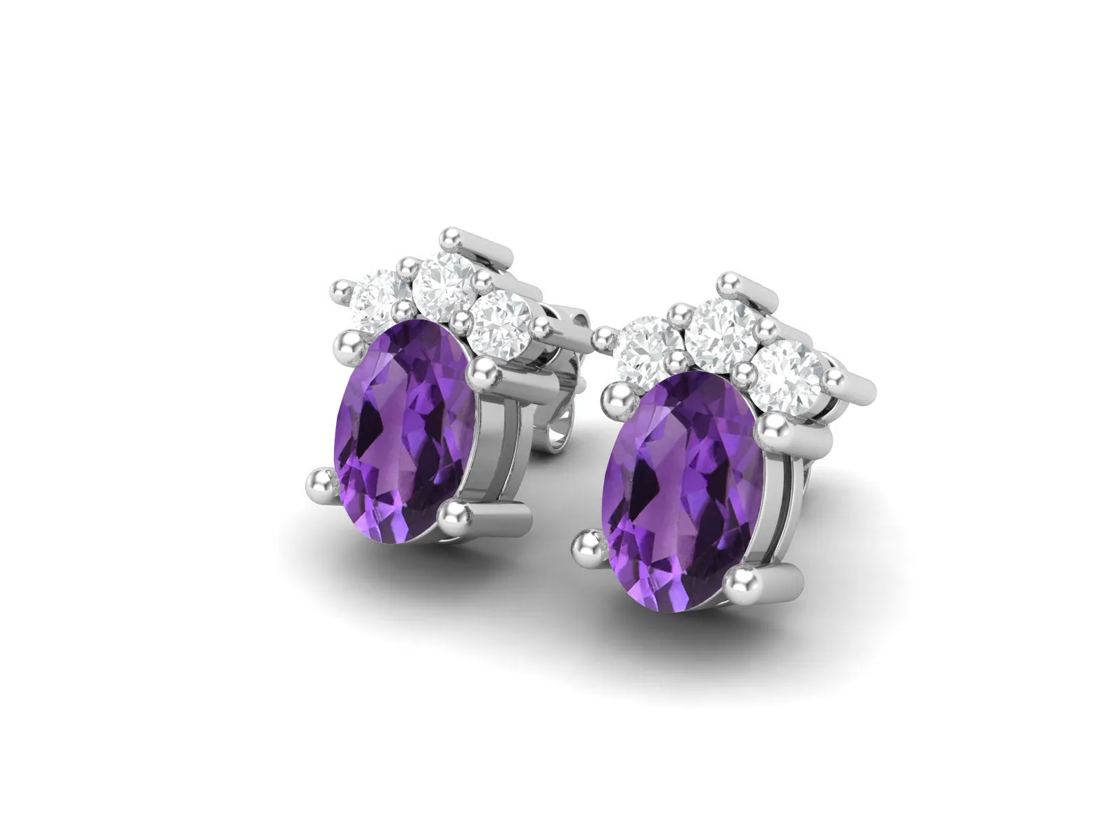 925 Silver Solitaire Studs Earrings, 6x4mm Oval Purple Amethyst, Friction Back