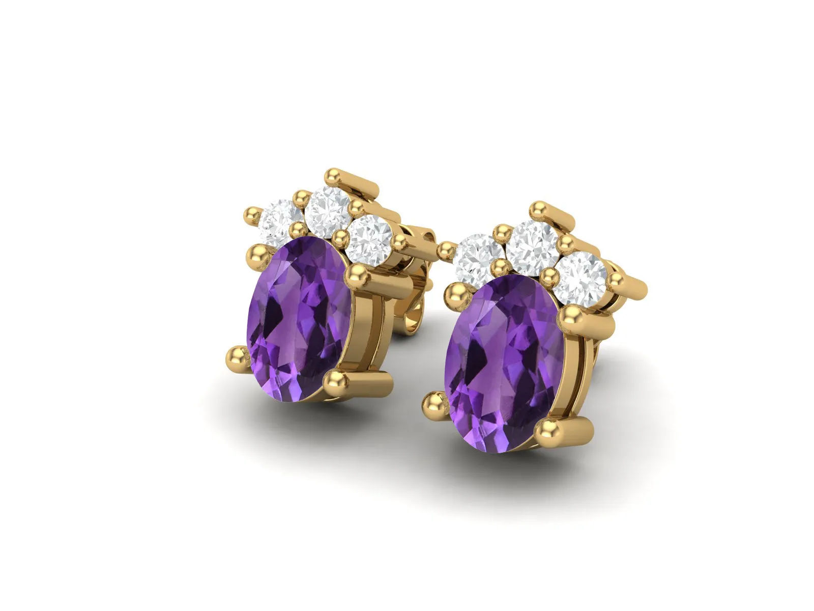925 Silver Solitaire Studs Earrings, 6x4mm Oval Purple Amethyst, Friction Back