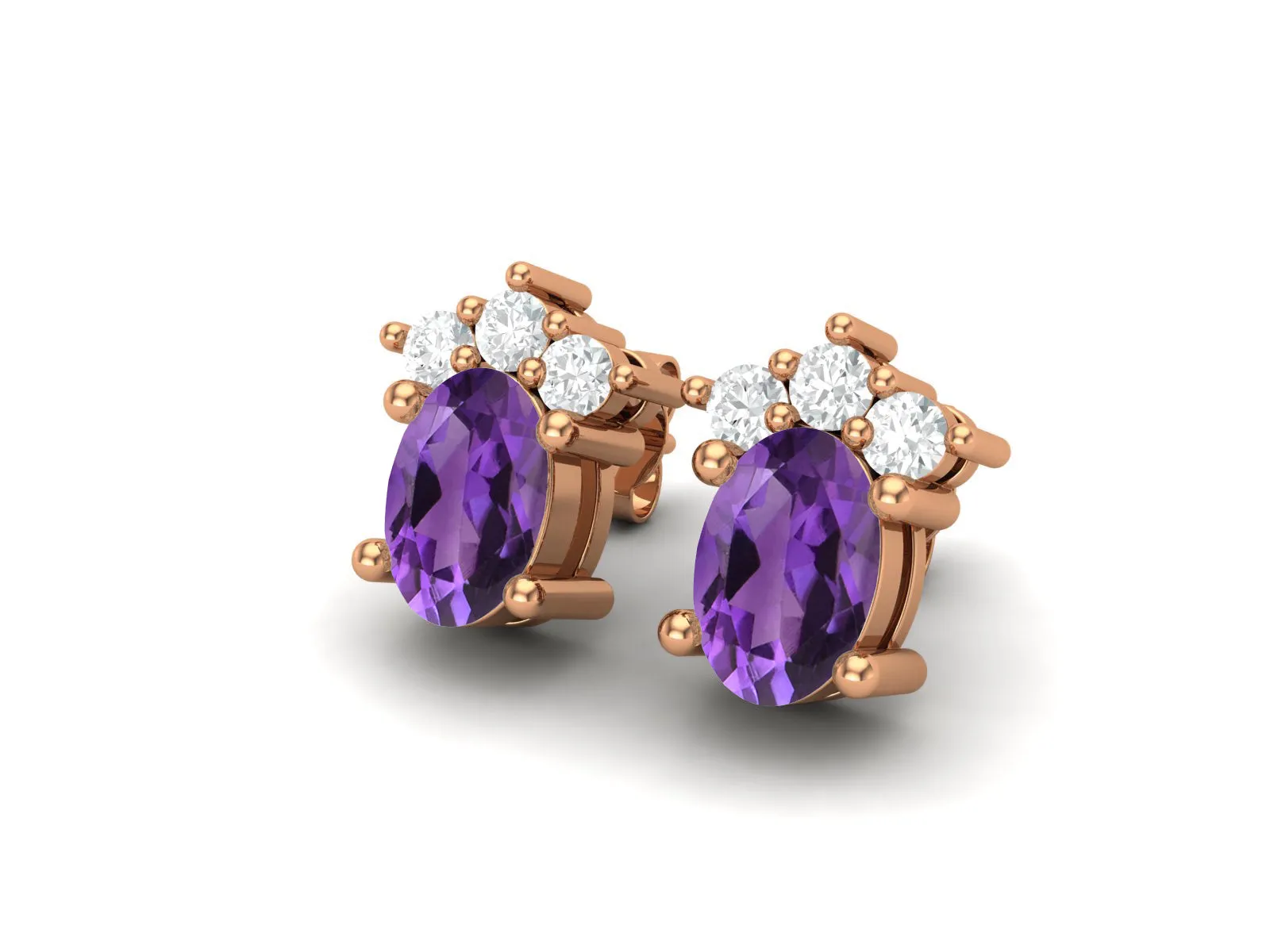 925 Silver Solitaire Studs Earrings, 6x4mm Oval Purple Amethyst, Friction Back