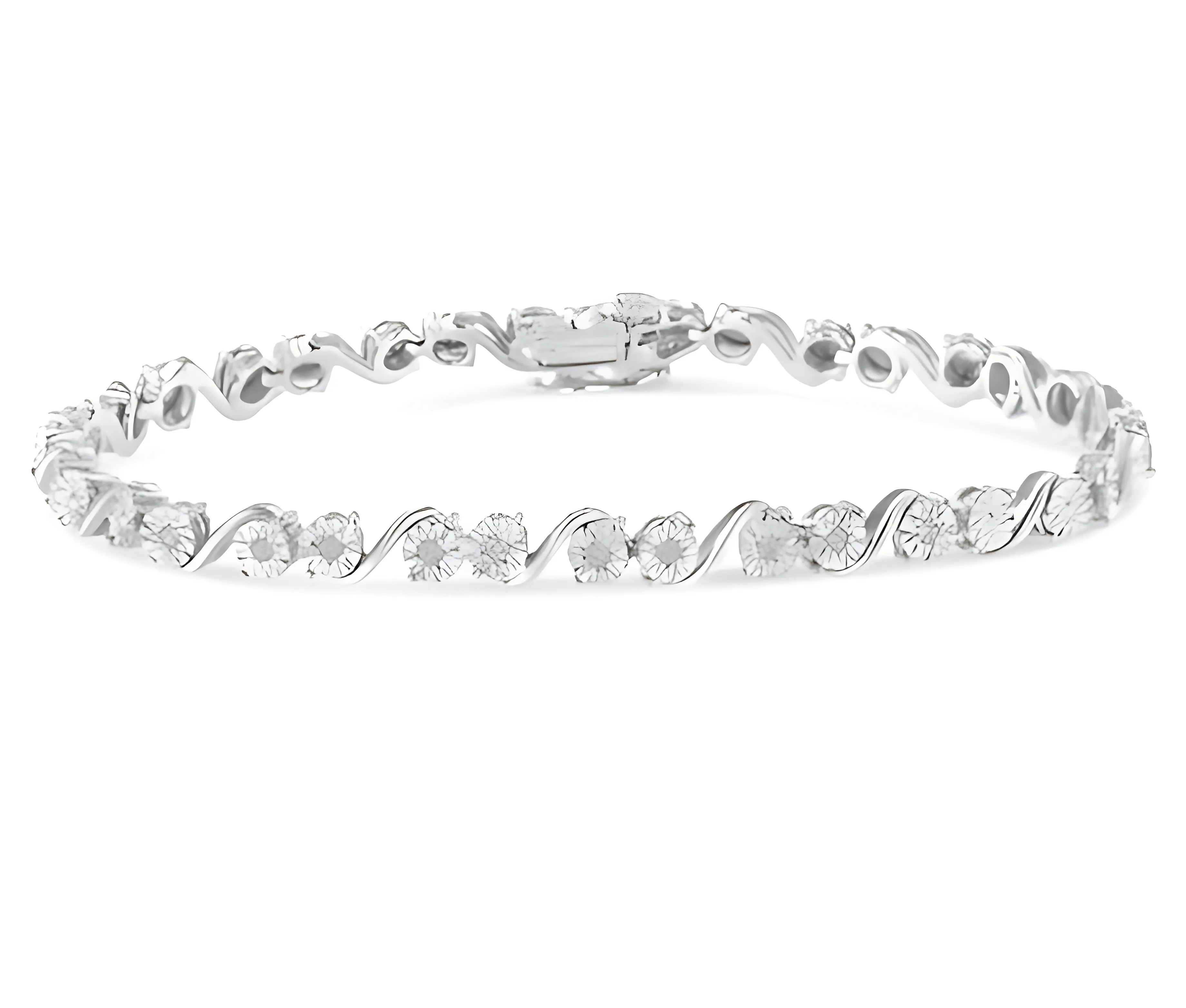 .925 Sterling Silver 1/10 Cttw Round Diamond "S" Link Miracle Plate Tennis Bracelet (I-J Color, I3 Clarity) - 7-1/4"