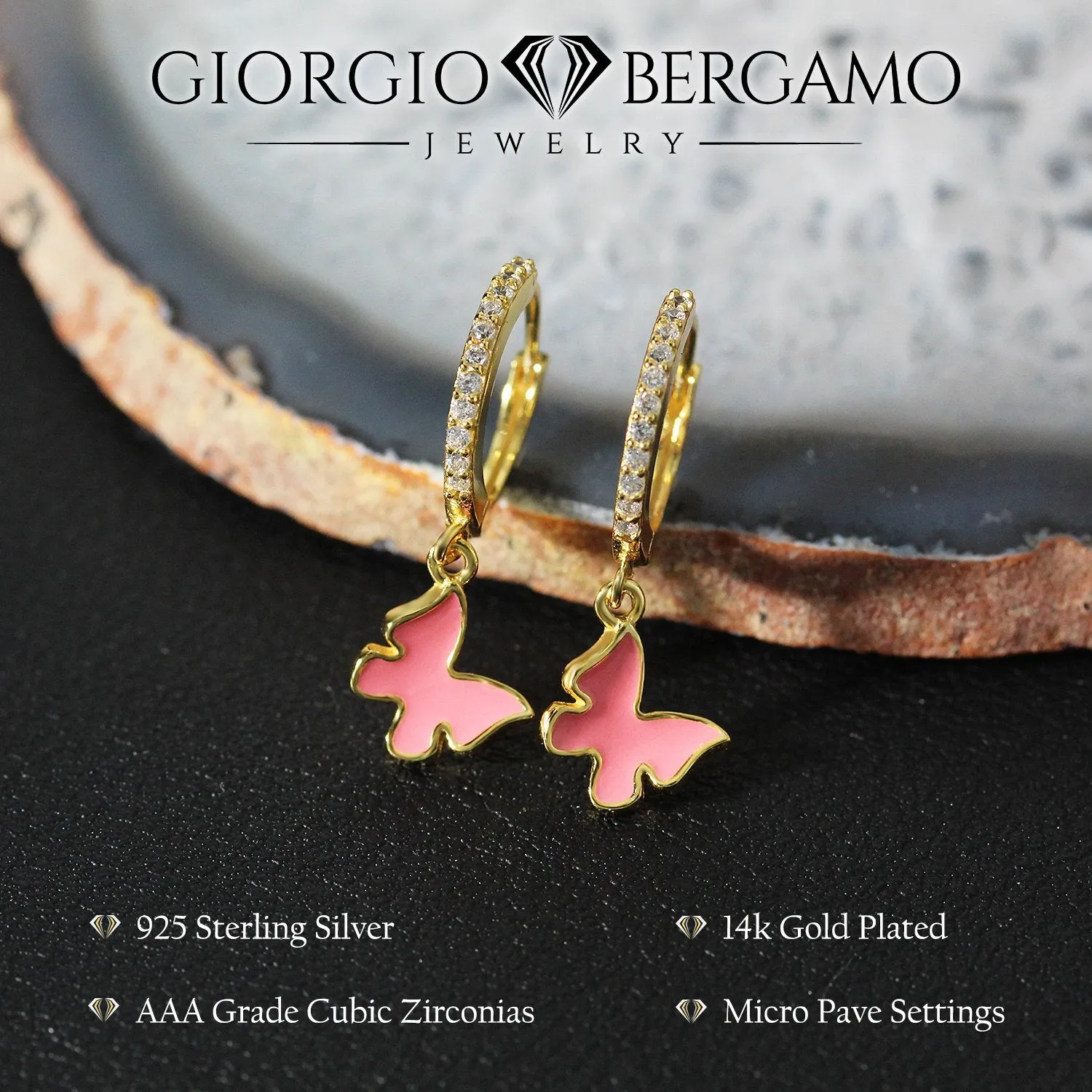 925 Sterling Silver Butterfly Pink Enamel Dangle Drop Earrings