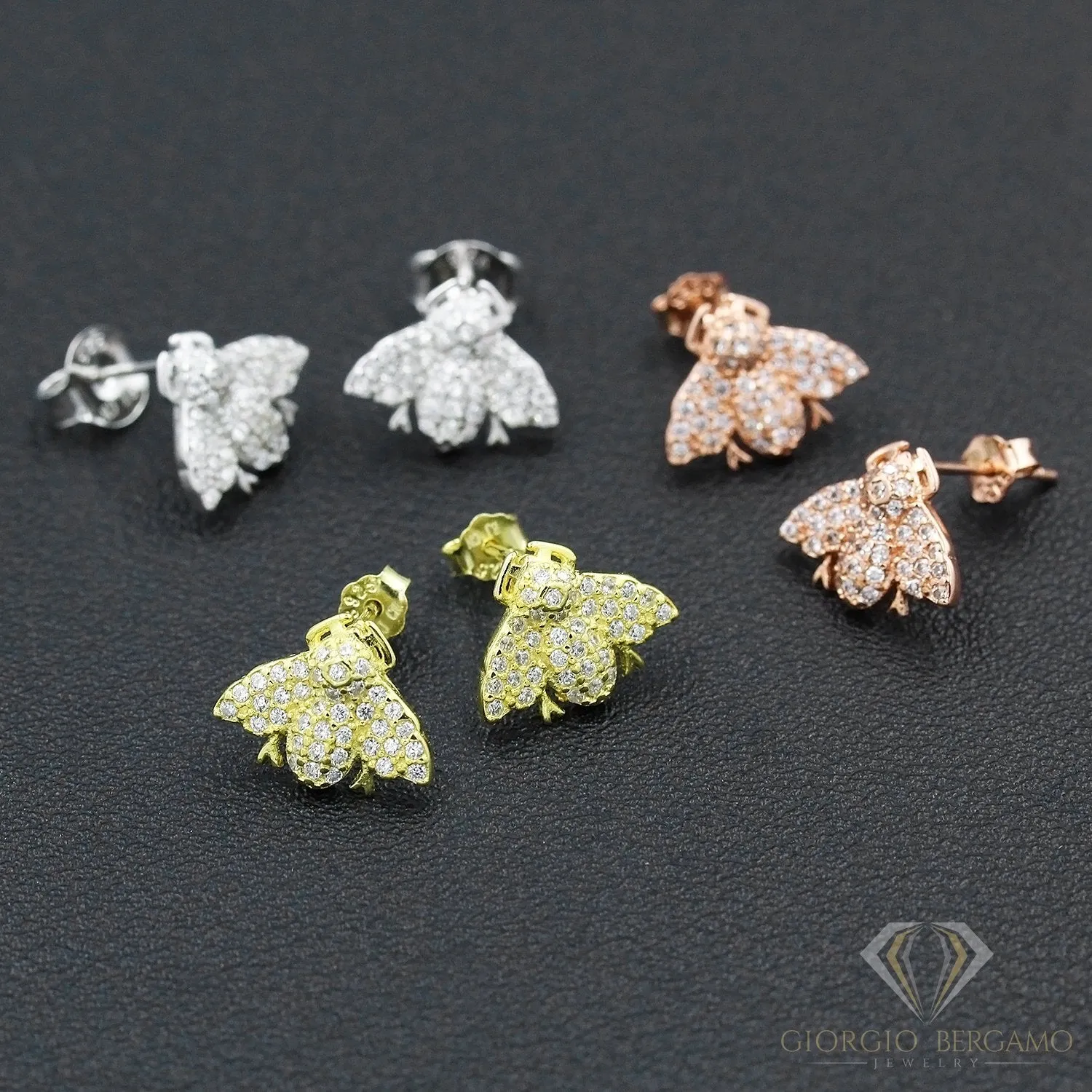 925 Sterling Silver Gold Plated Micro Pave Bumbleebee Minimalist Stud Earrings