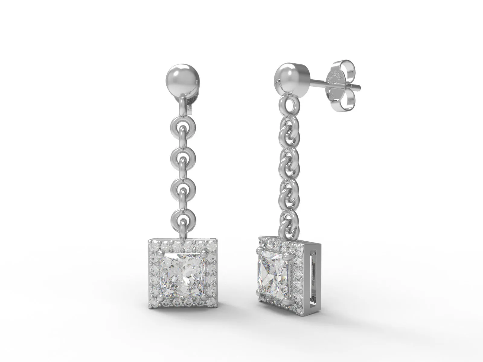 925 Sterling Silver Princess Cut Moissanite Solitaire Halo Dangle Women Earrings