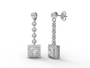 925 Sterling Silver Princess Cut Moissanite Solitaire Halo Dangle Women Earrings