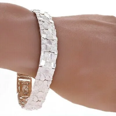 925 Sterling Silver Solid Nugget Bracelet Adjustable Link 7.5" 12.5mm 27 grams