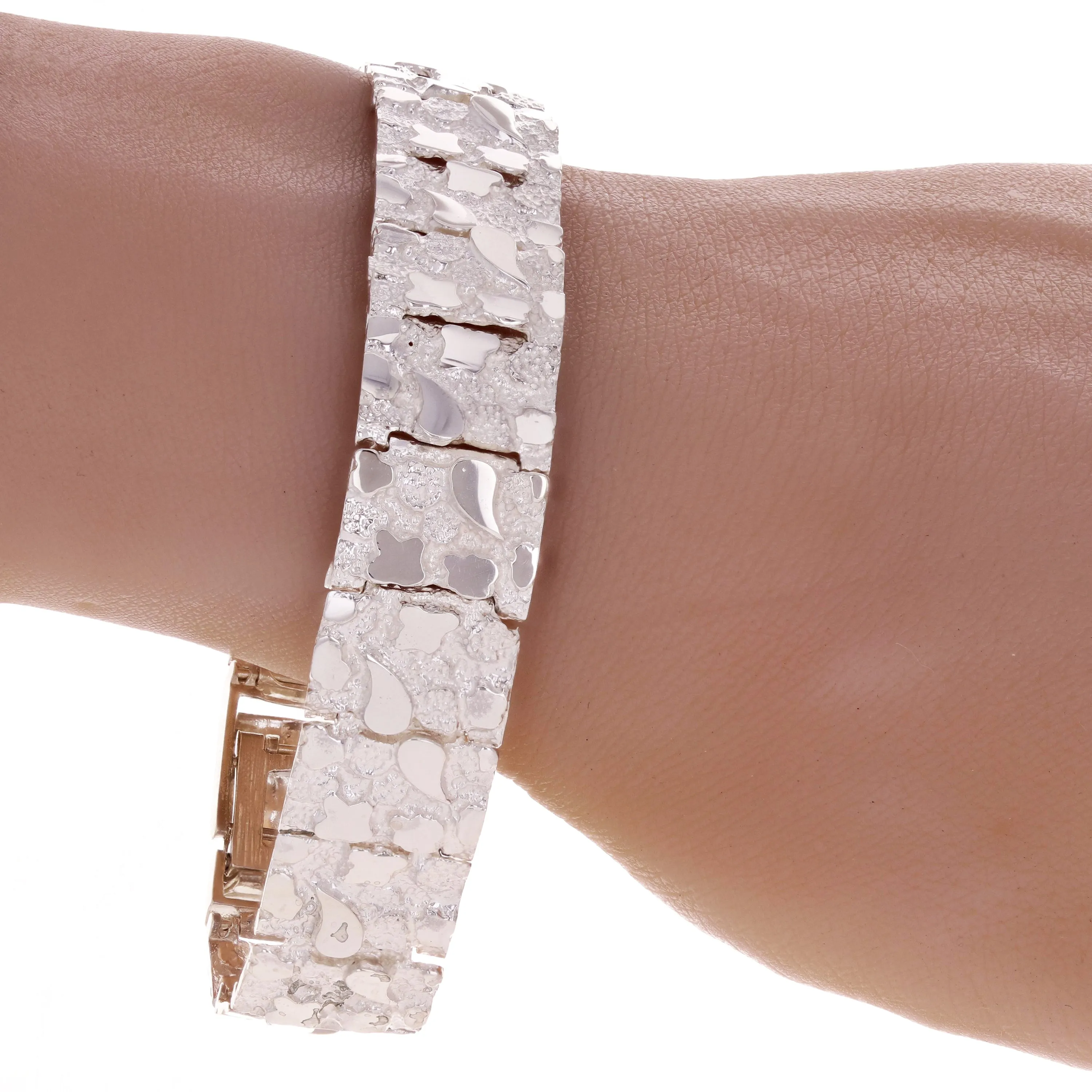 925 Sterling Silver Solid Nugget Bracelet Adjustable Link 8" 15mm 34.8 grams