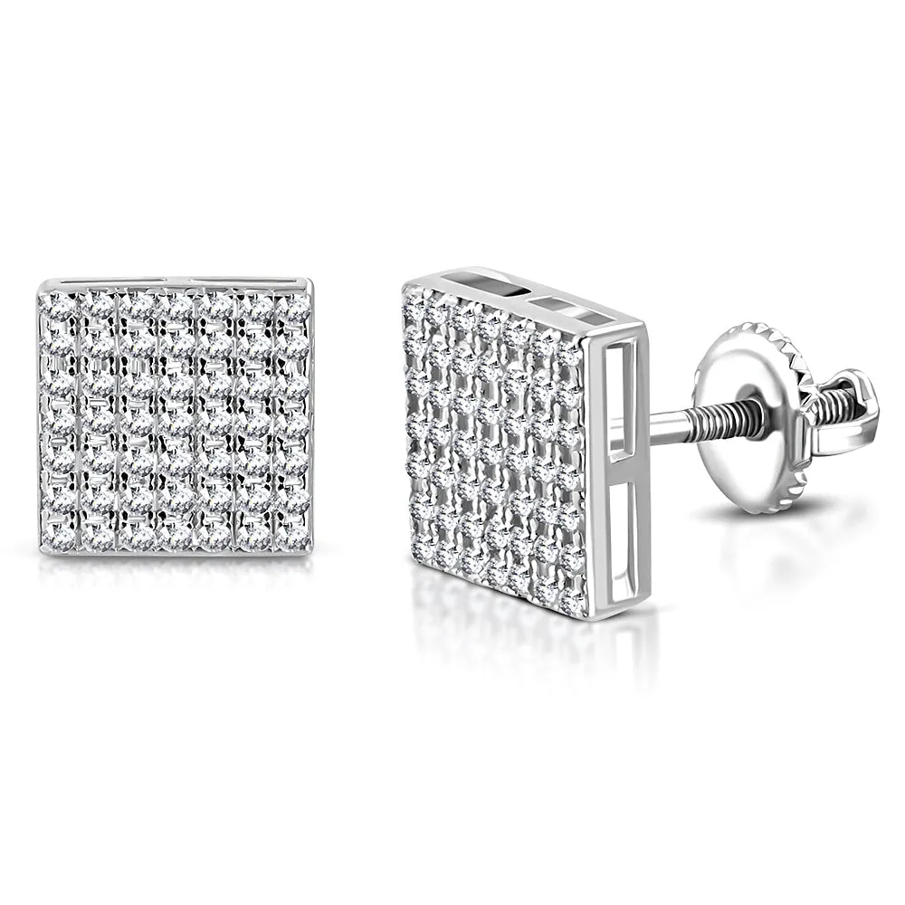 925 Sterling Silver Square White Clear CZ Screw Back Stud Earrings, 0.35"