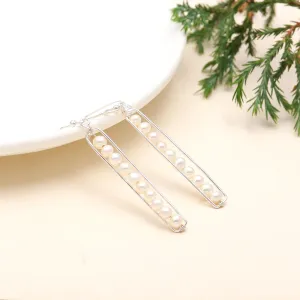 925 Sterling Silver White Pearl Bar Dangle Earrings