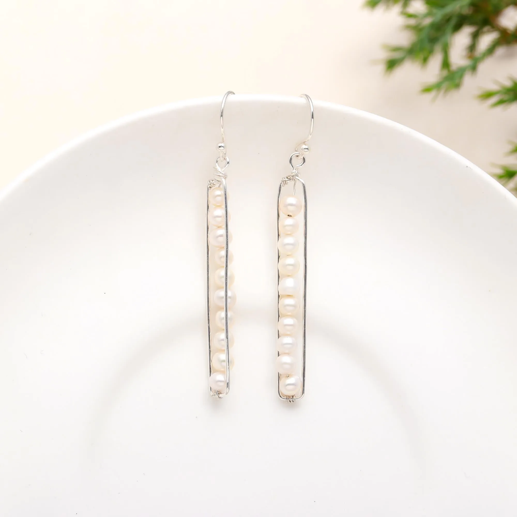 925 Sterling Silver White Pearl Bar Dangle Earrings