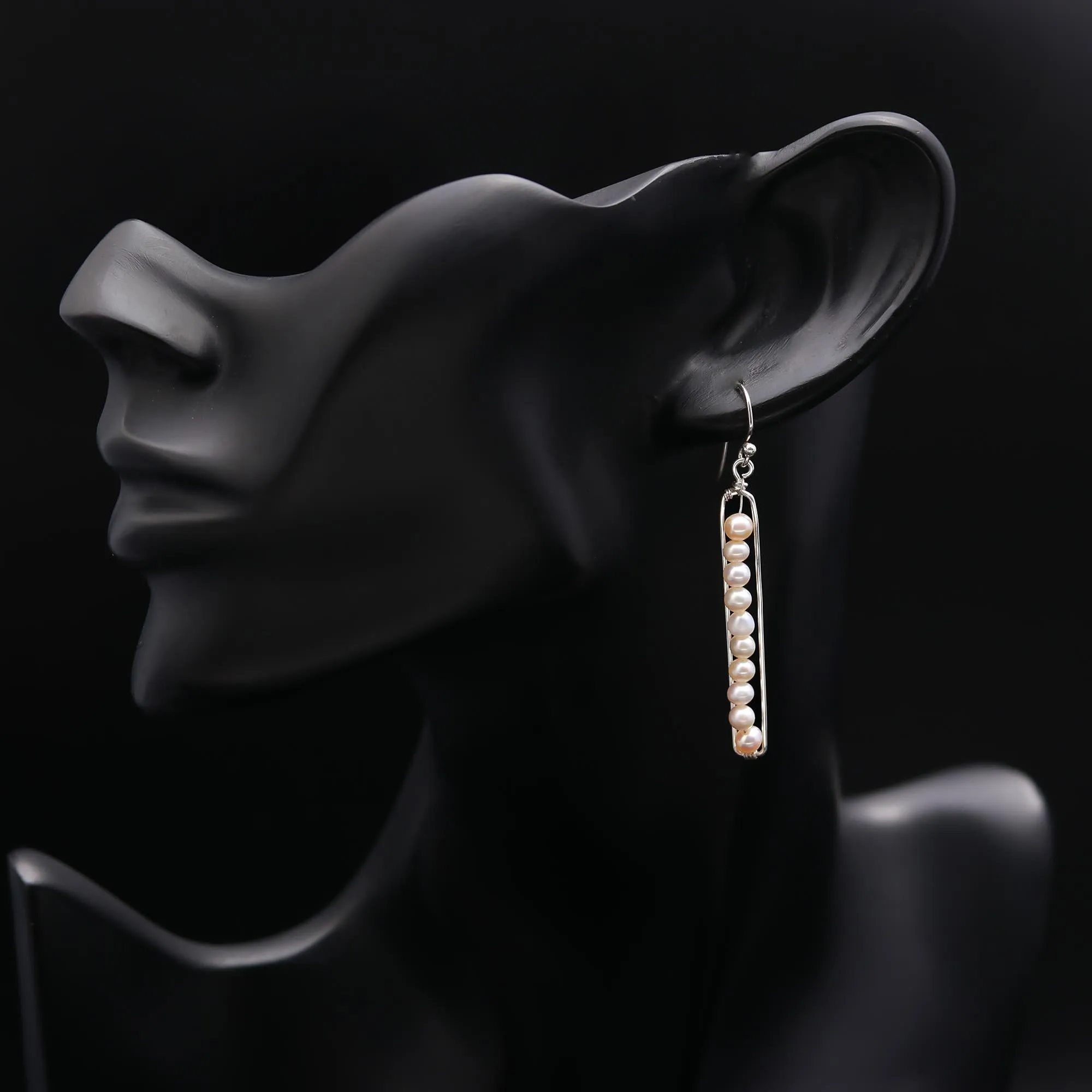 925 Sterling Silver White Pearl Bar Dangle Earrings