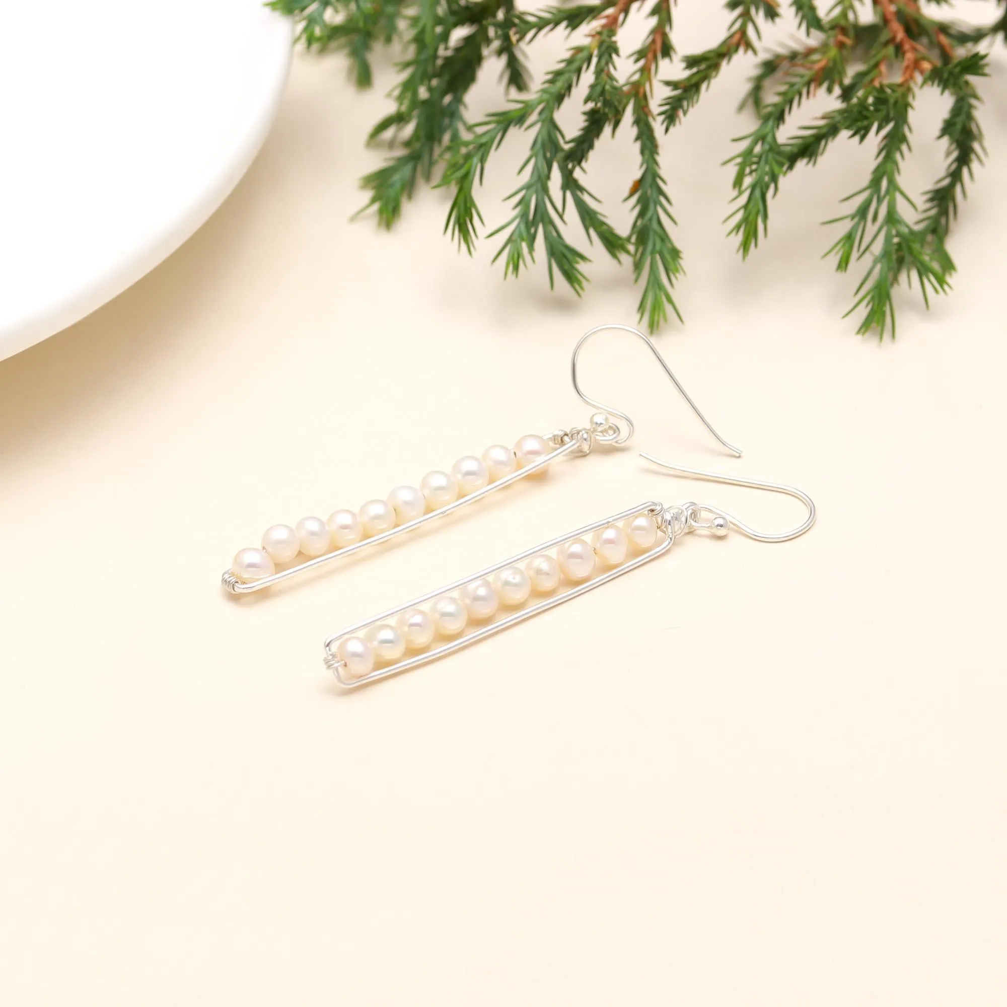 925 Sterling Silver White Pearl Bar Dangle Earrings