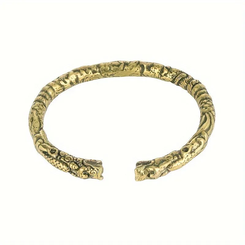 Adjustable Brass Dragon Head Cuff Bangle Vintage Gothic Style Intricate P