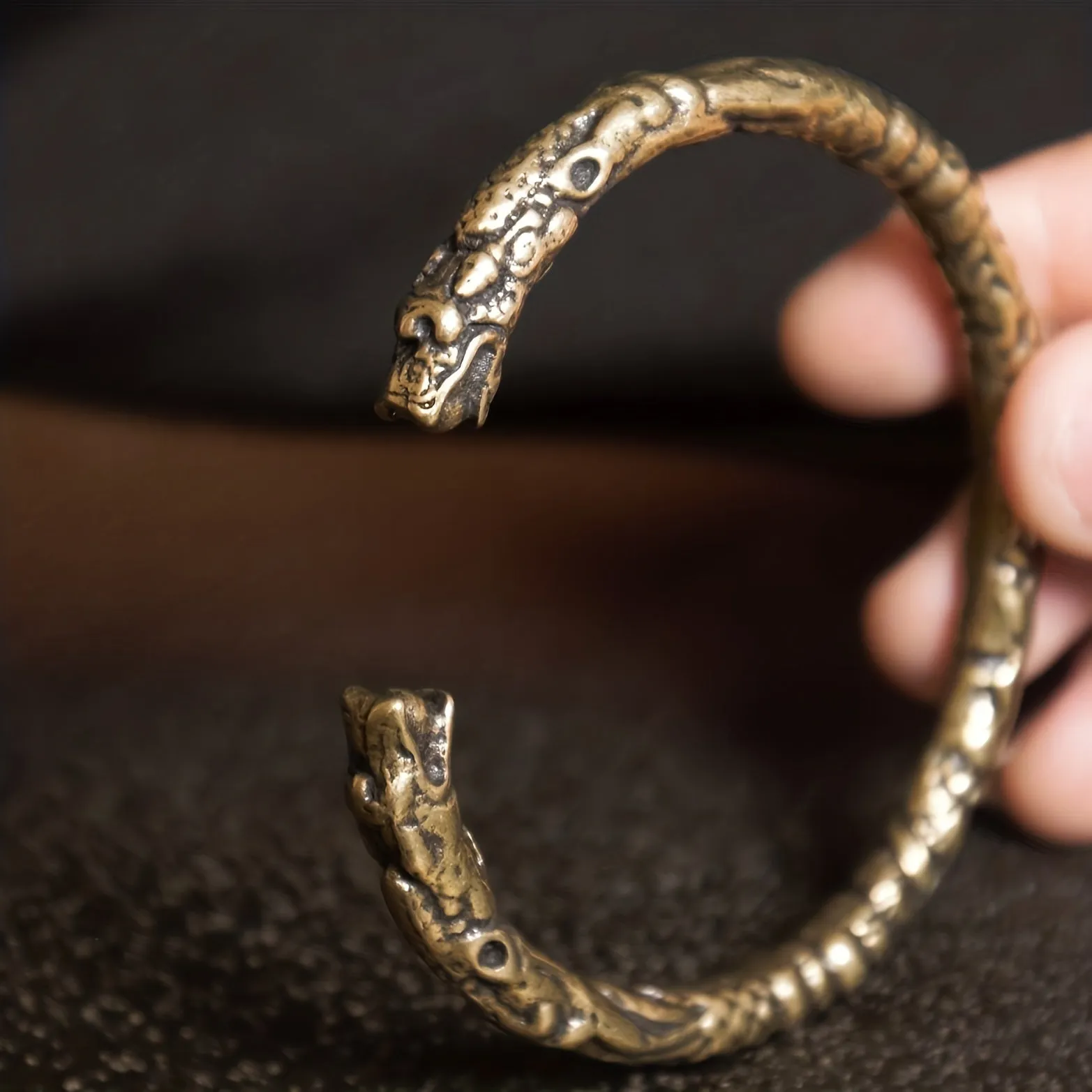 Adjustable Brass Dragon Head Cuff Bangle Vintage Gothic Style Intricate P