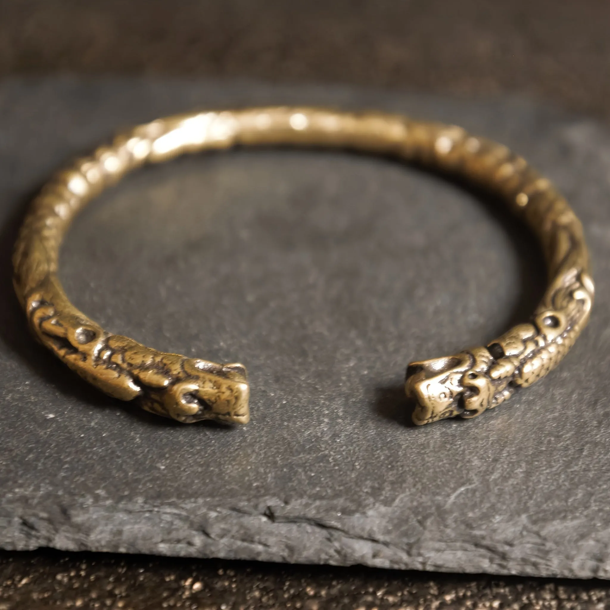 Adjustable Brass Dragon Head Cuff Bangle Vintage Gothic Style Intricate P