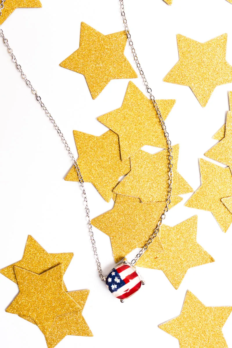 American Flag Cushion Cut Silvertone Necklace