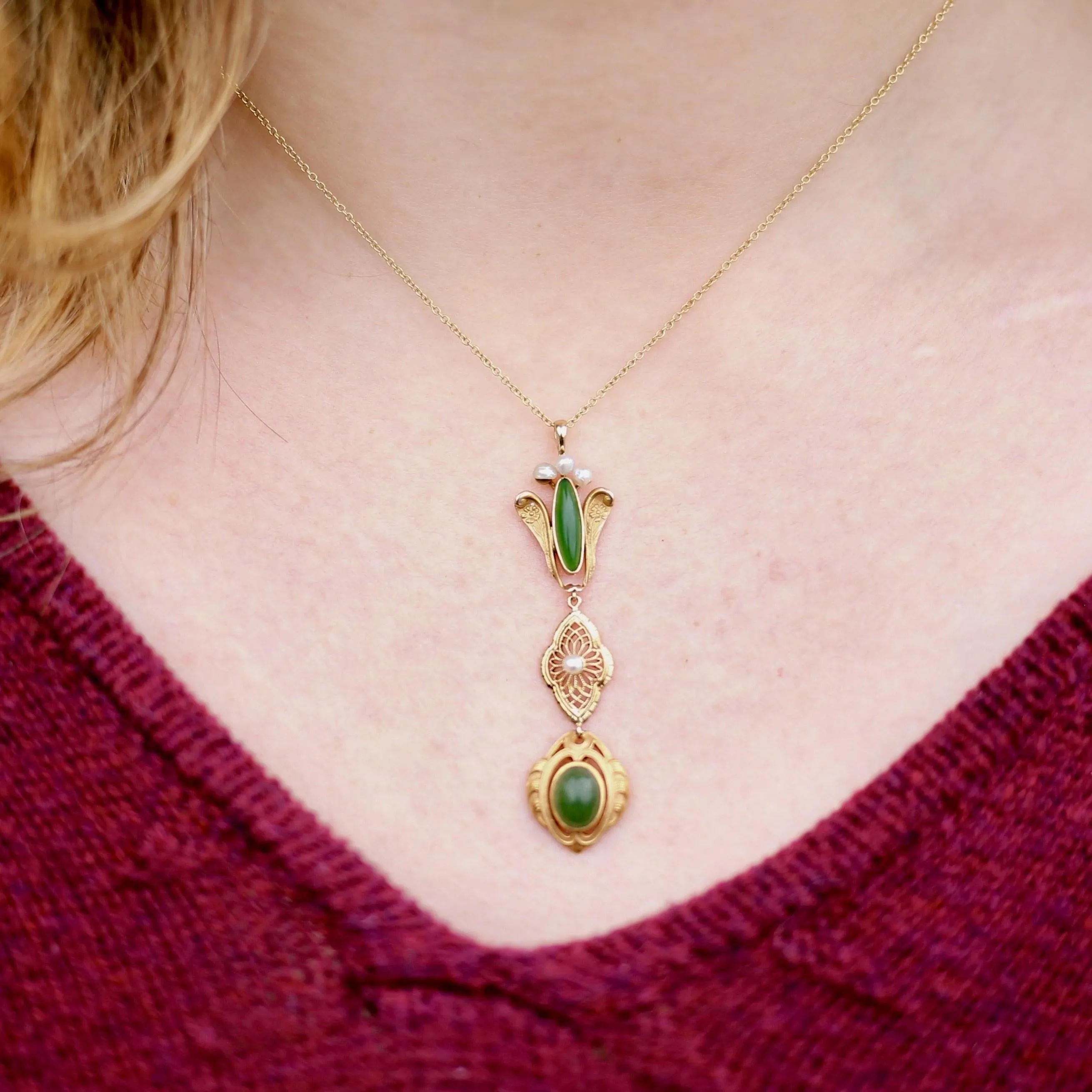 Antique Chrysoprase & Pearl Pendant With Optional 10k Chain | Antique Pin Conversion Pendant
