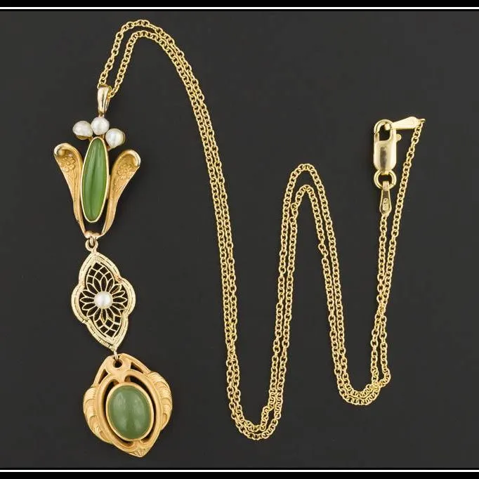 Antique Chrysoprase & Pearl Pendant With Optional 10k Chain | Antique Pin Conversion Pendant