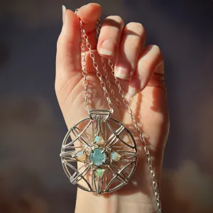 Aquamarine & Opal Statement Medallion Necklace Argentium and 18k Gold
