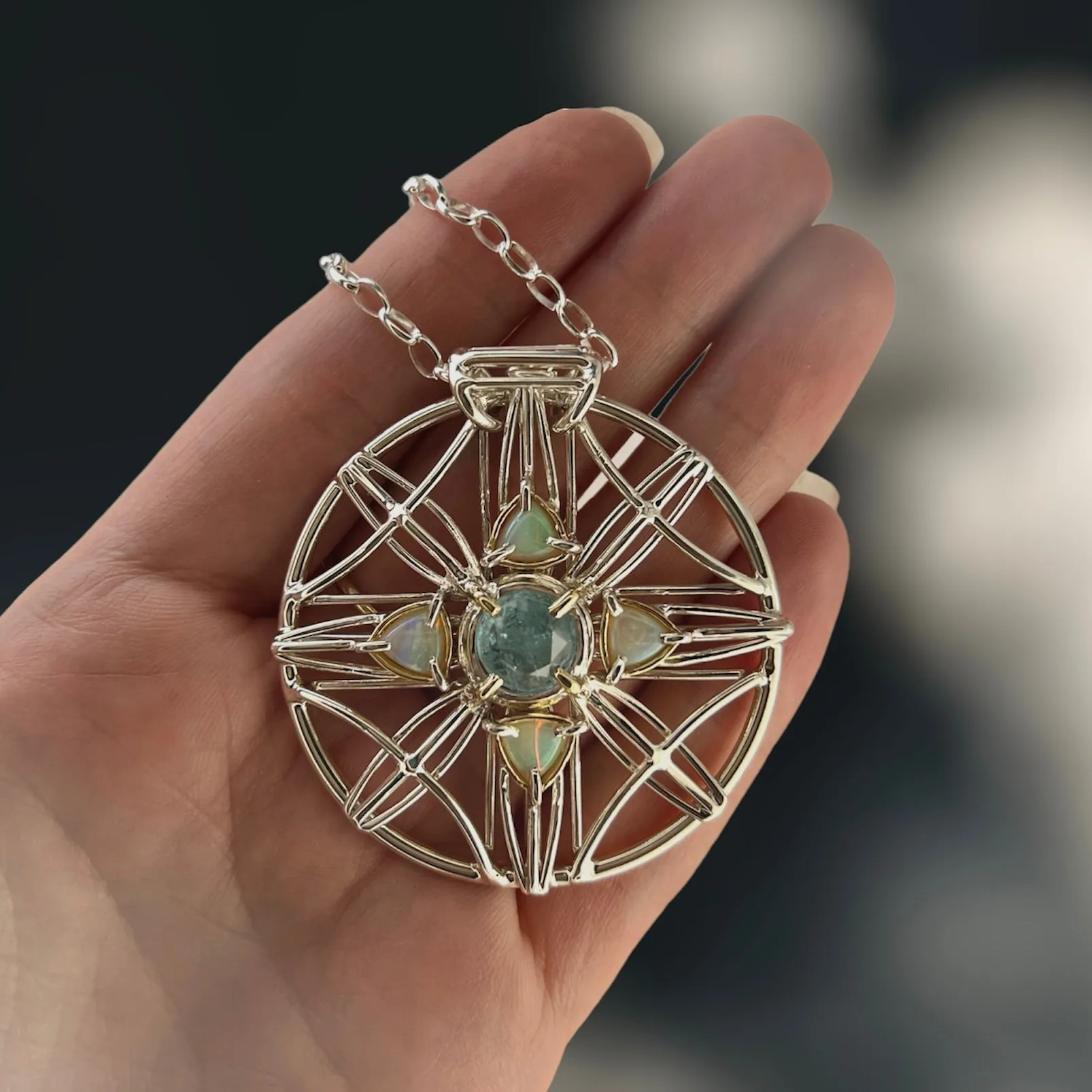 Aquamarine & Opal Statement Medallion Necklace Argentium and 18k Gold