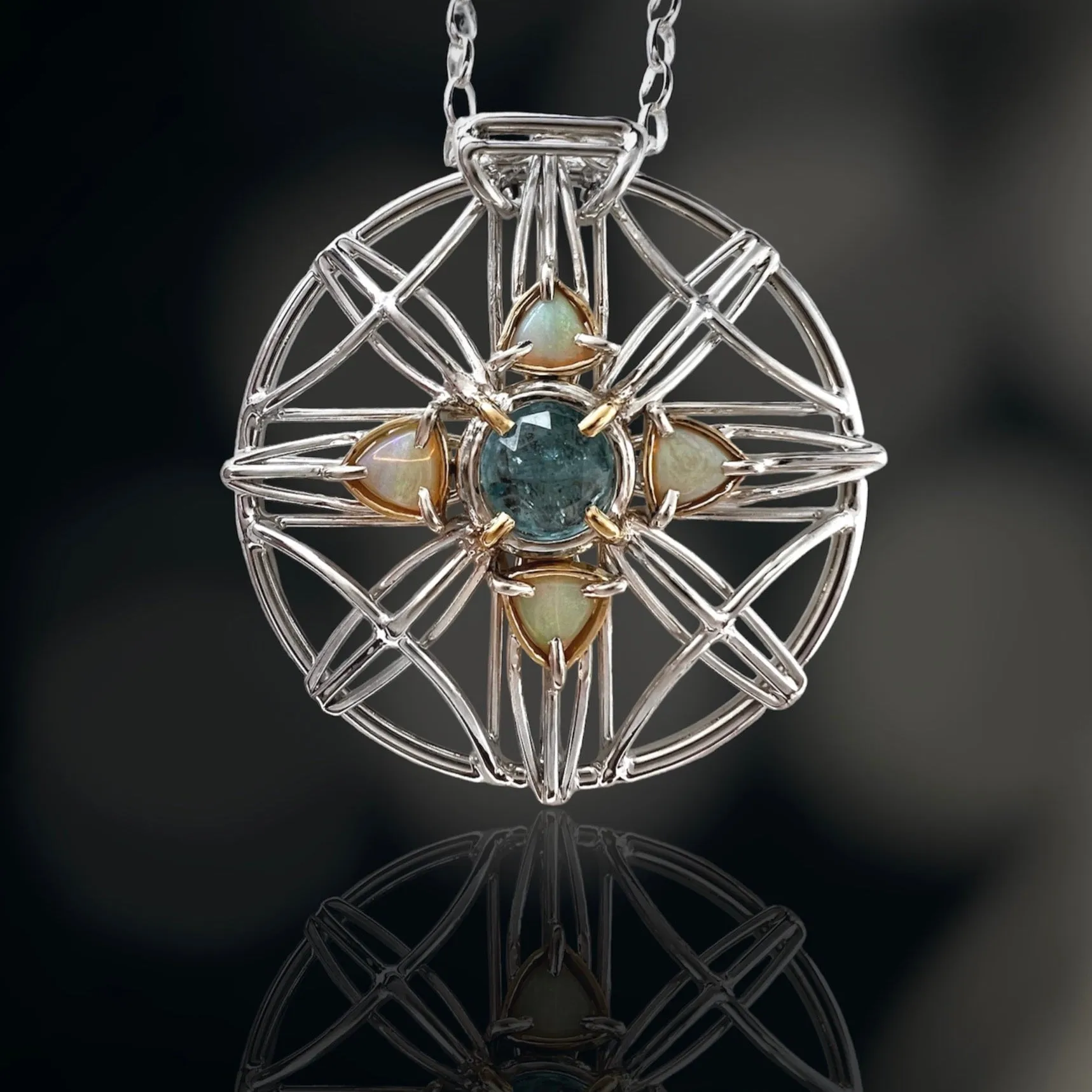 Aquamarine & Opal Statement Medallion Necklace Argentium and 18k Gold