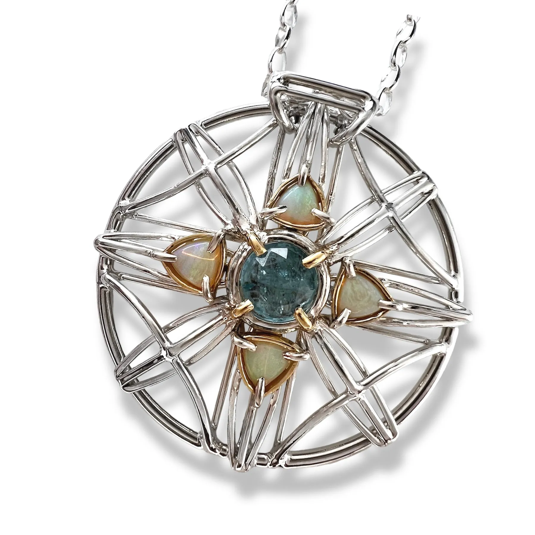 Aquamarine & Opal Statement Medallion Necklace Argentium and 18k Gold
