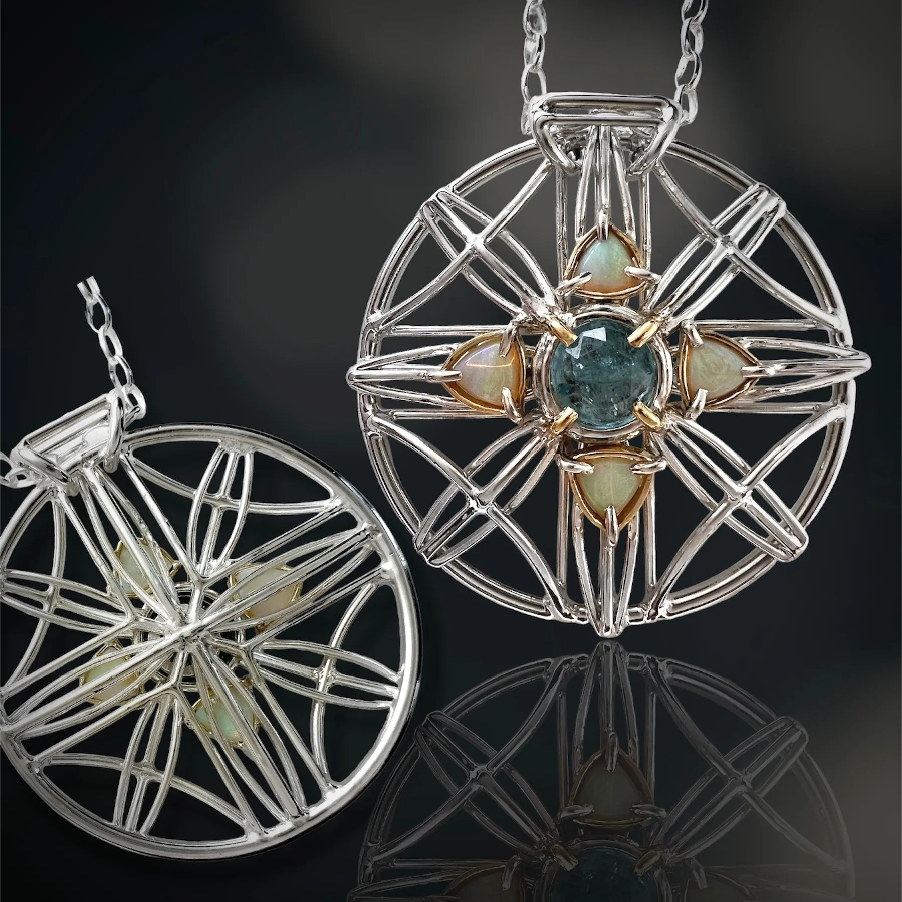 Aquamarine & Opal Statement Medallion Necklace Argentium and 18k Gold