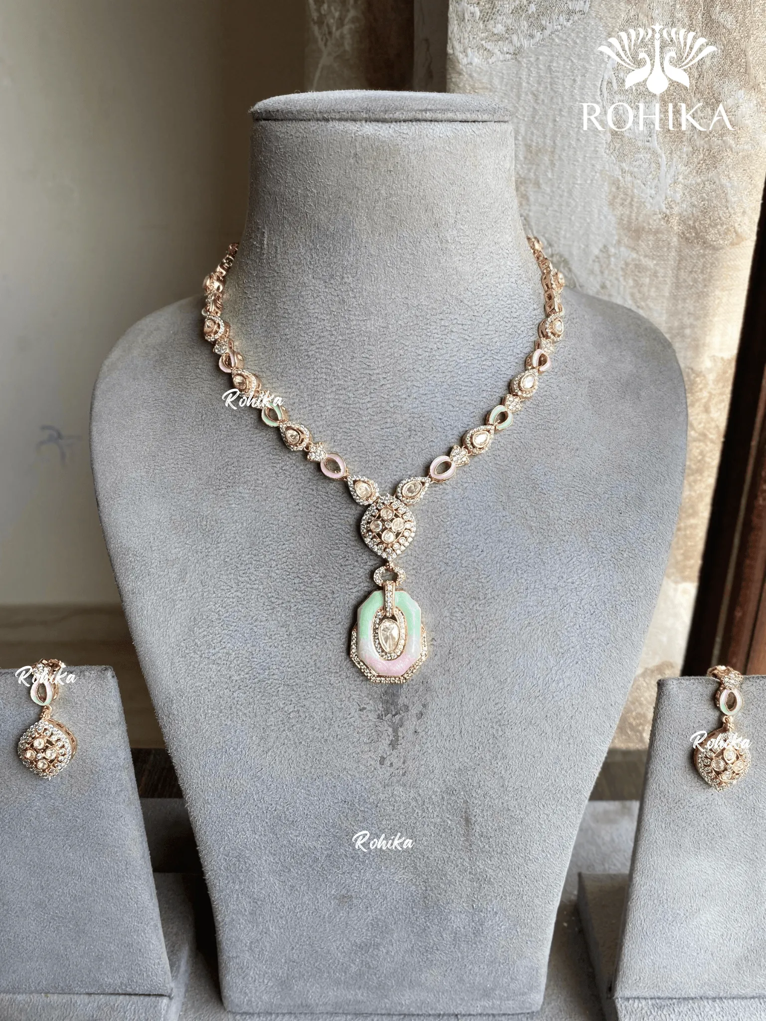 Aroha Moisanite Necklace set - Mint & Pink