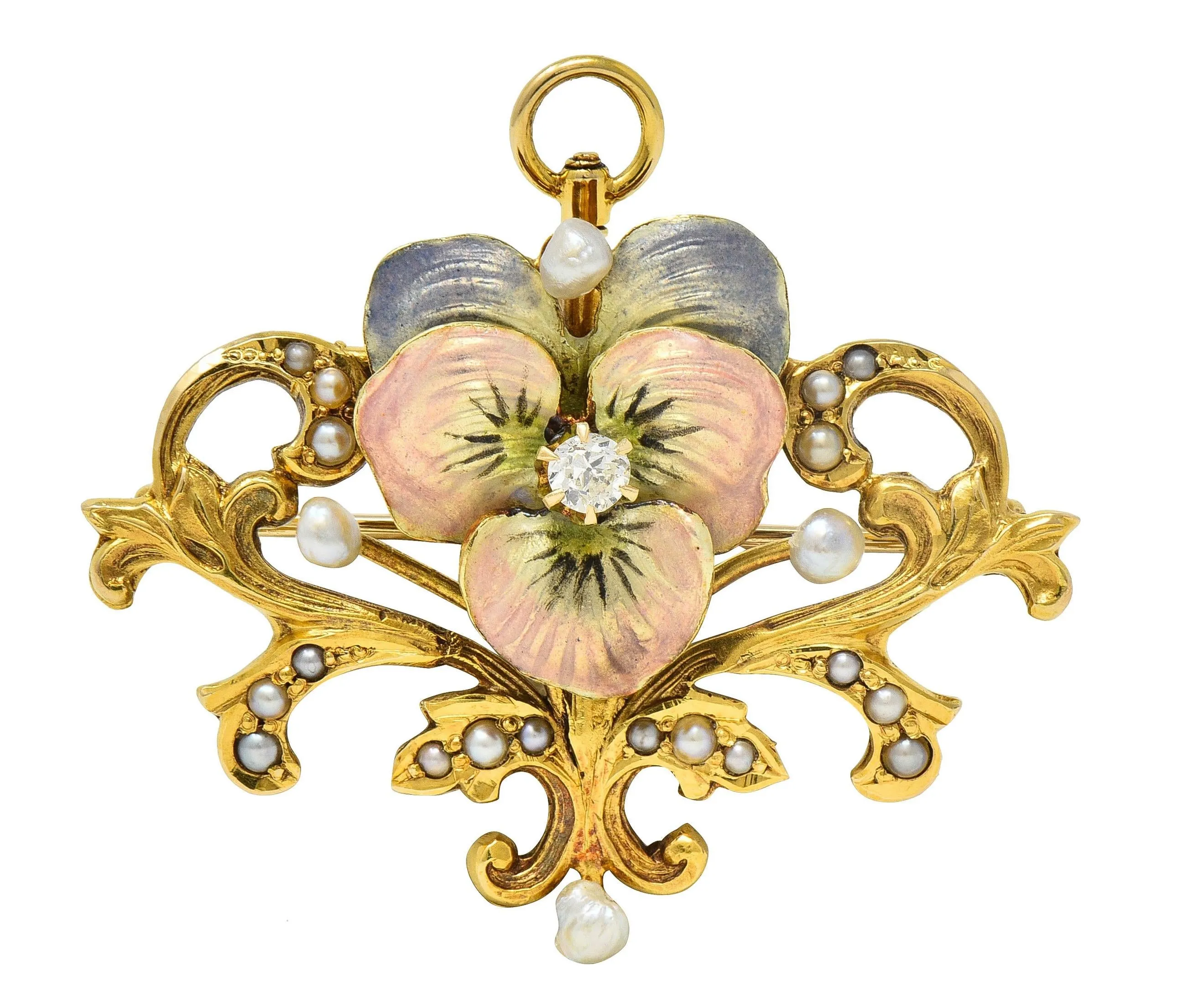 Art Nouveau Diamond Pearl Enamel 14 Karat Yellow Gold Antique Flower Pendant Brooch