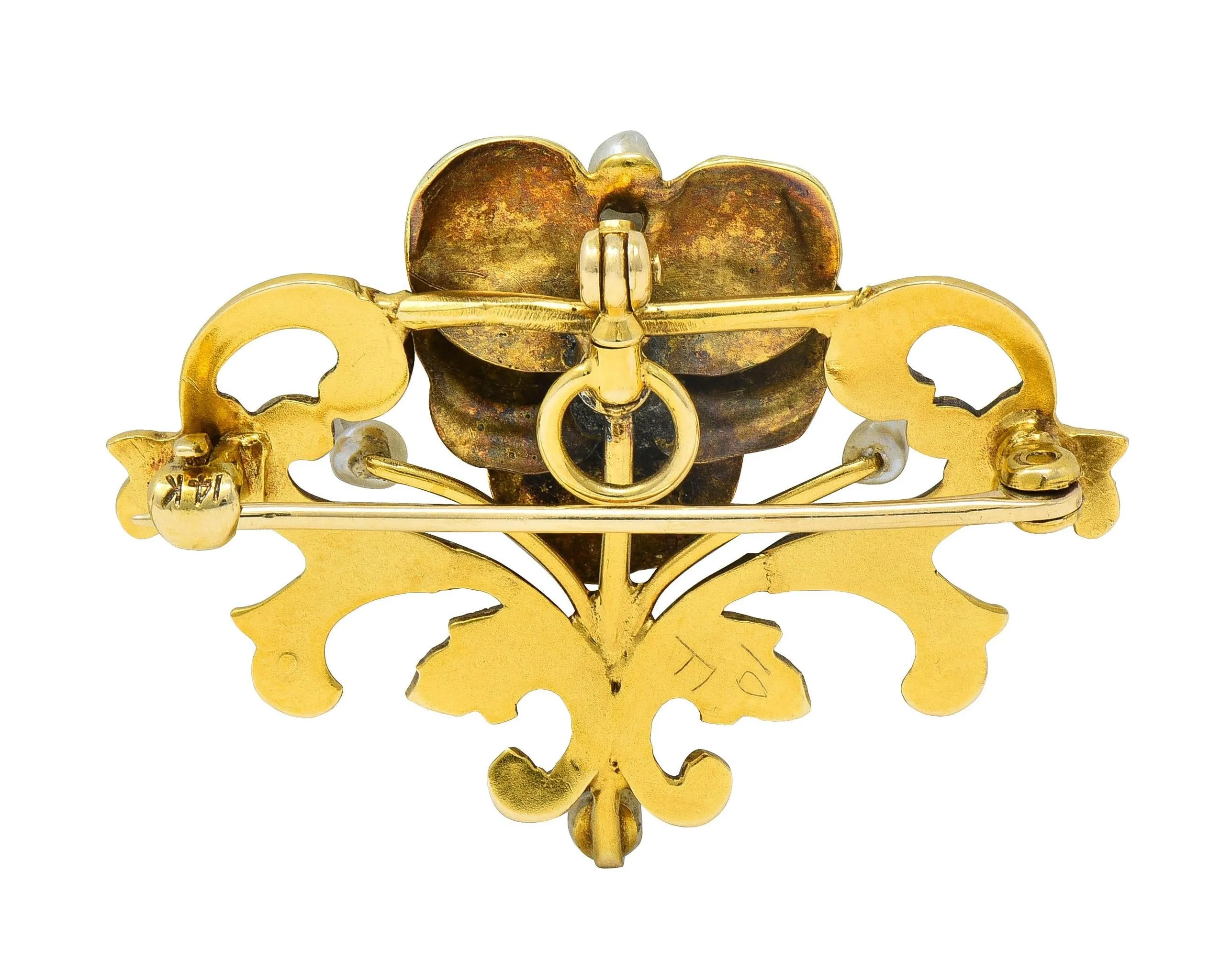 Art Nouveau Diamond Pearl Enamel 14 Karat Yellow Gold Antique Flower Pendant Brooch