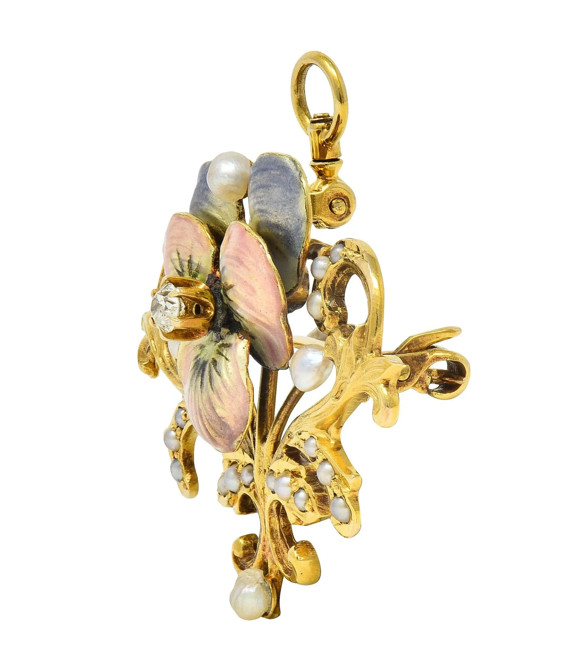 Art Nouveau Diamond Pearl Enamel 14 Karat Yellow Gold Antique Flower Pendant Brooch