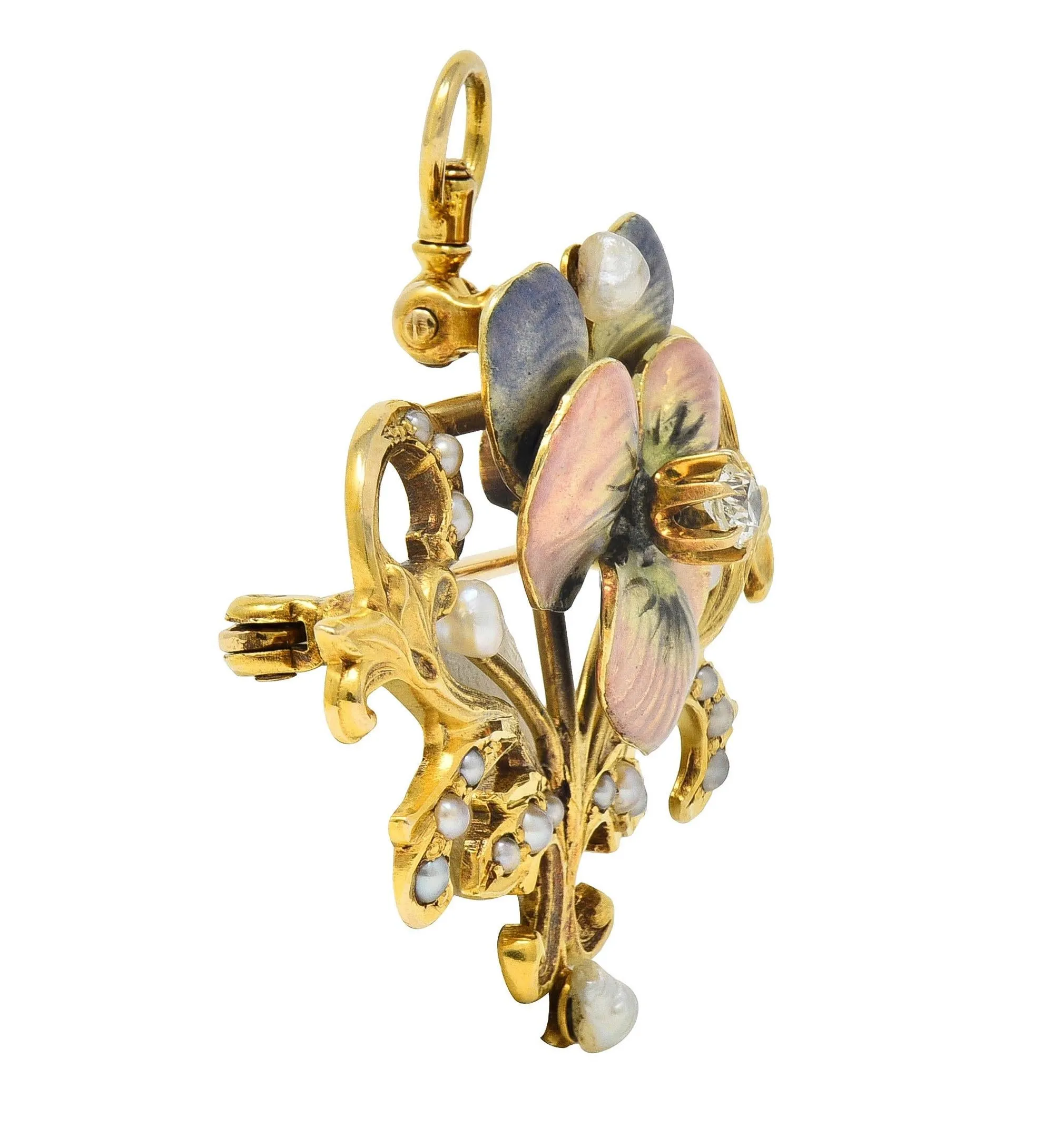 Art Nouveau Diamond Pearl Enamel 14 Karat Yellow Gold Antique Flower Pendant Brooch