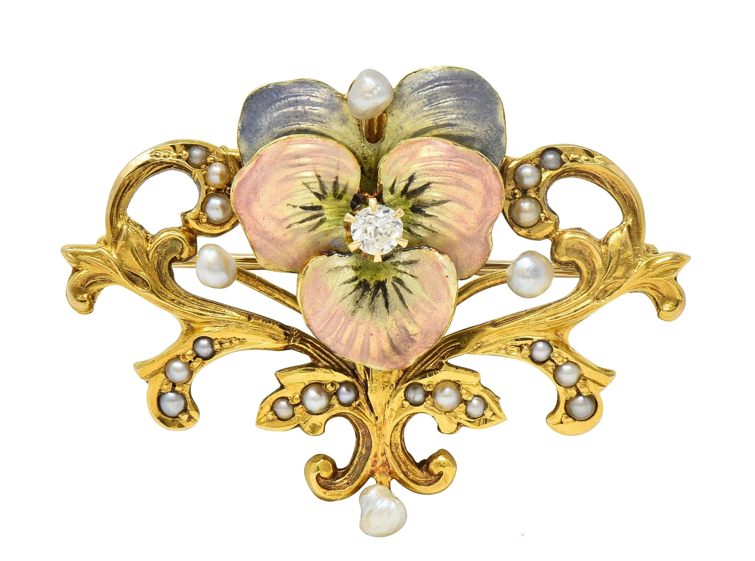 Art Nouveau Diamond Pearl Enamel 14 Karat Yellow Gold Antique Flower Pendant Brooch
