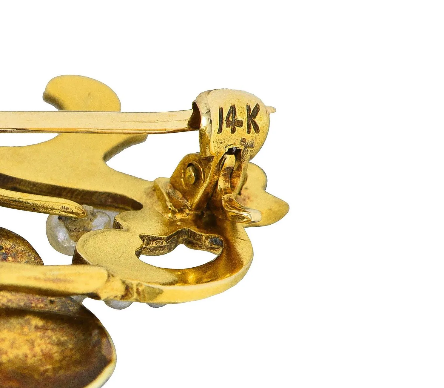 Art Nouveau Diamond Pearl Enamel 14 Karat Yellow Gold Antique Flower Pendant Brooch