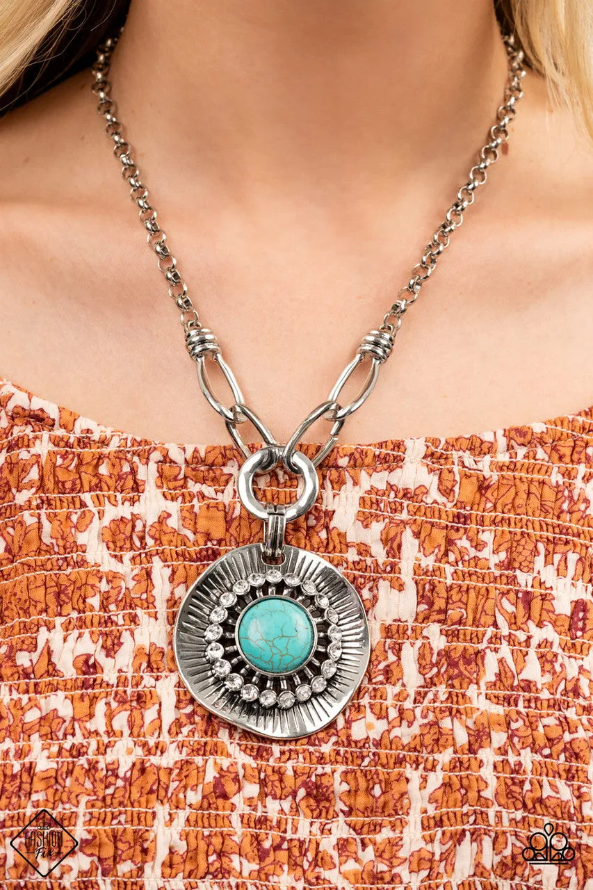 Badlands Treasure Hunt - Blue - Turquoise Stone Rhinestone Halo Paparazzi Short Necklace - July 2022 Simply Santa Fe Fashion Fix