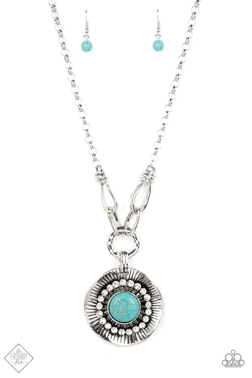 Badlands Treasure Hunt - Blue - Turquoise Stone Rhinestone Halo Paparazzi Short Necklace - July 2022 Simply Santa Fe Fashion Fix