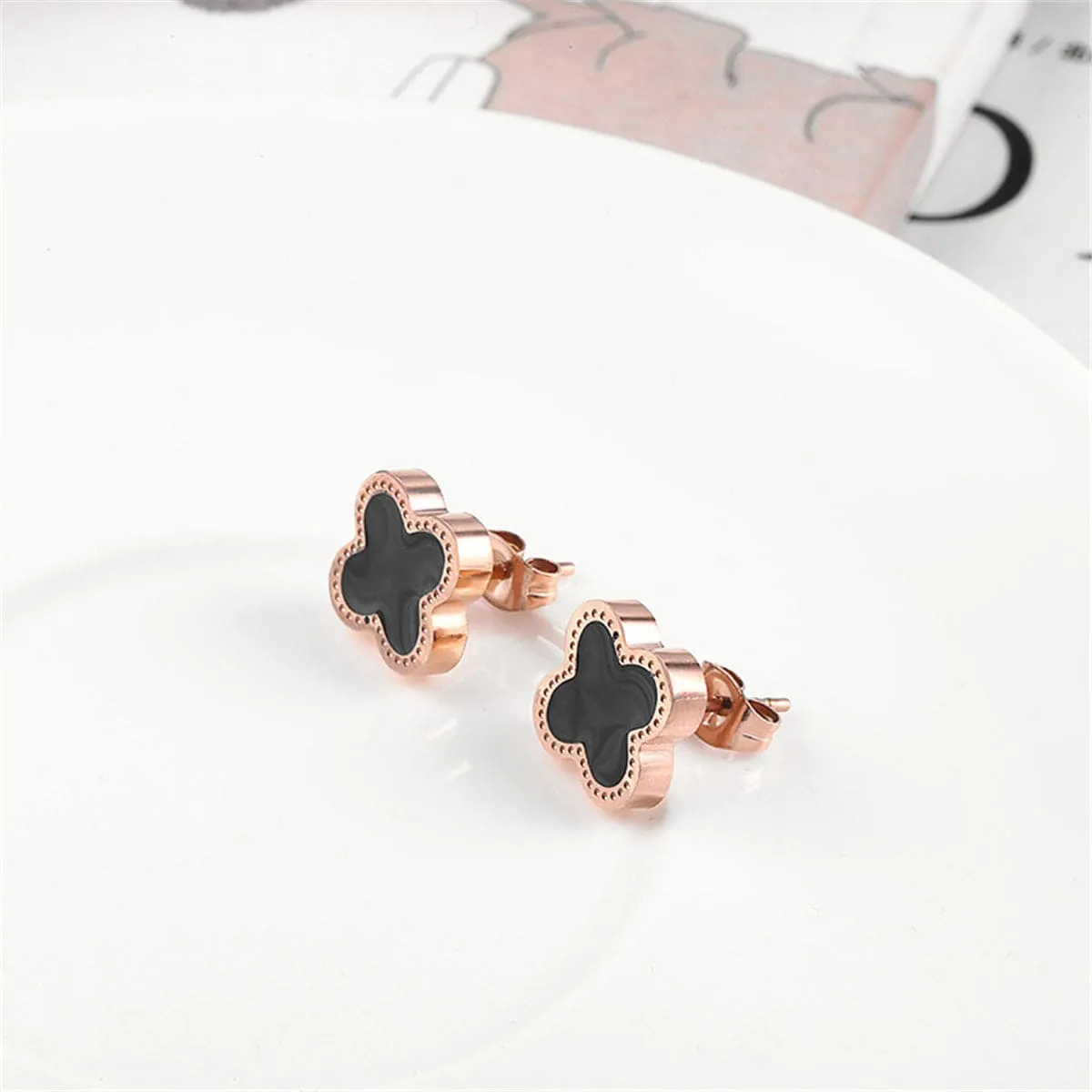 Black & 18K Rose Gold-Plated Clover Stud Earrings