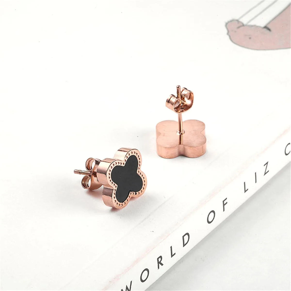 Black & 18K Rose Gold-Plated Clover Stud Earrings