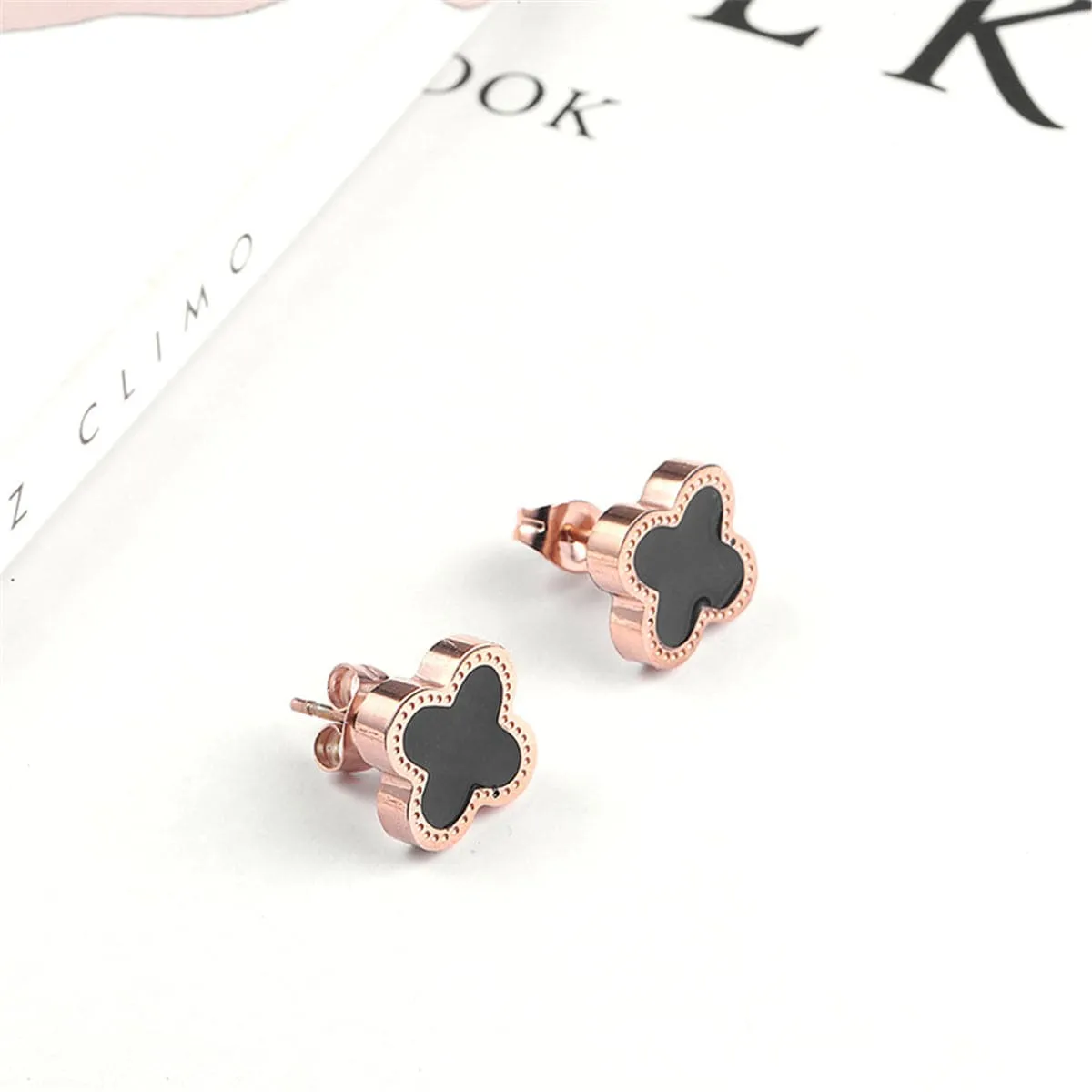 Black & 18K Rose Gold-Plated Clover Stud Earrings