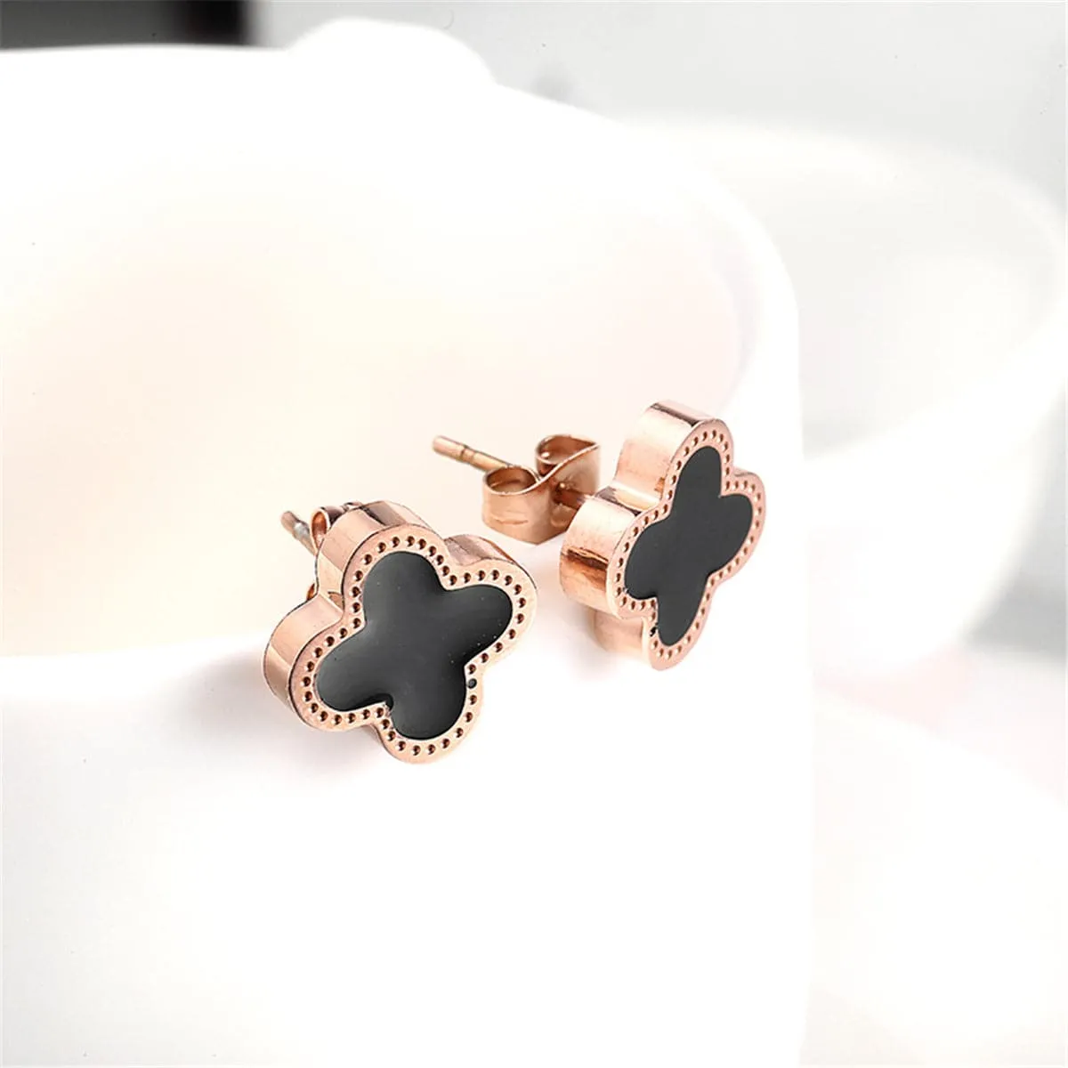 Black & 18K Rose Gold-Plated Clover Stud Earrings
